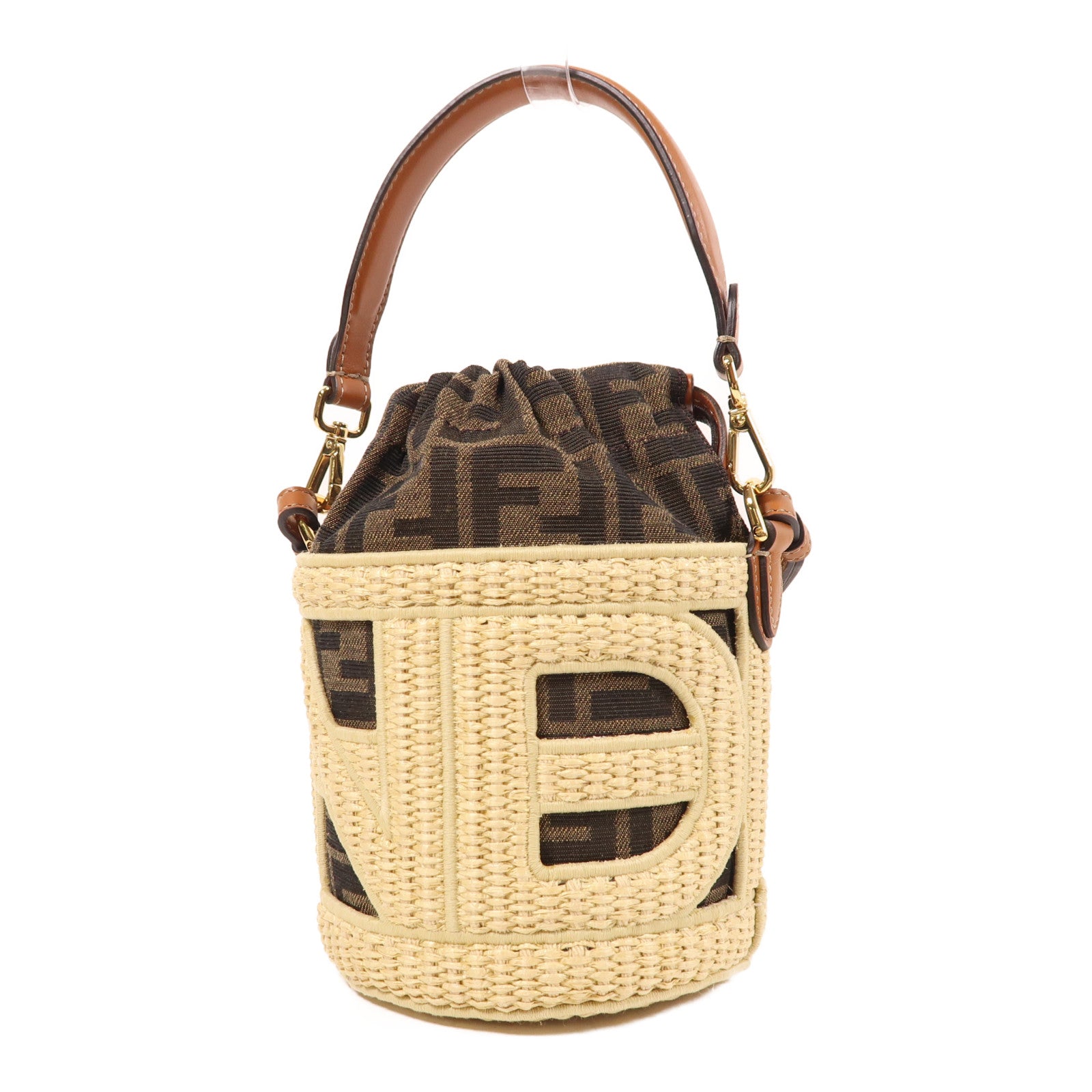 FENDI Raffia/帆布Step Out Bucket金扣手挽肩背兩用袋