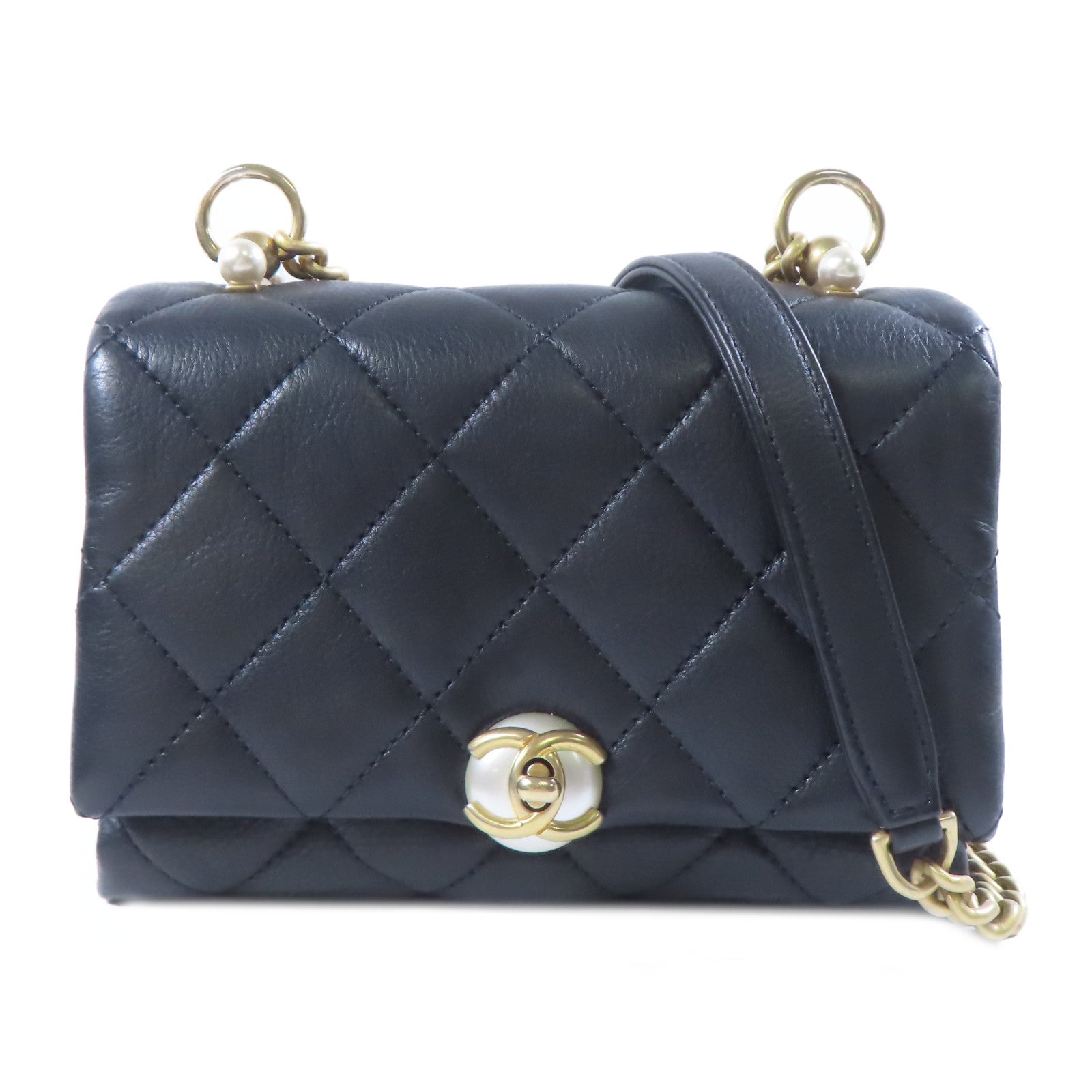 CHANEL 羊皮皮革Chain Shoulder金扣肩背袋黑色