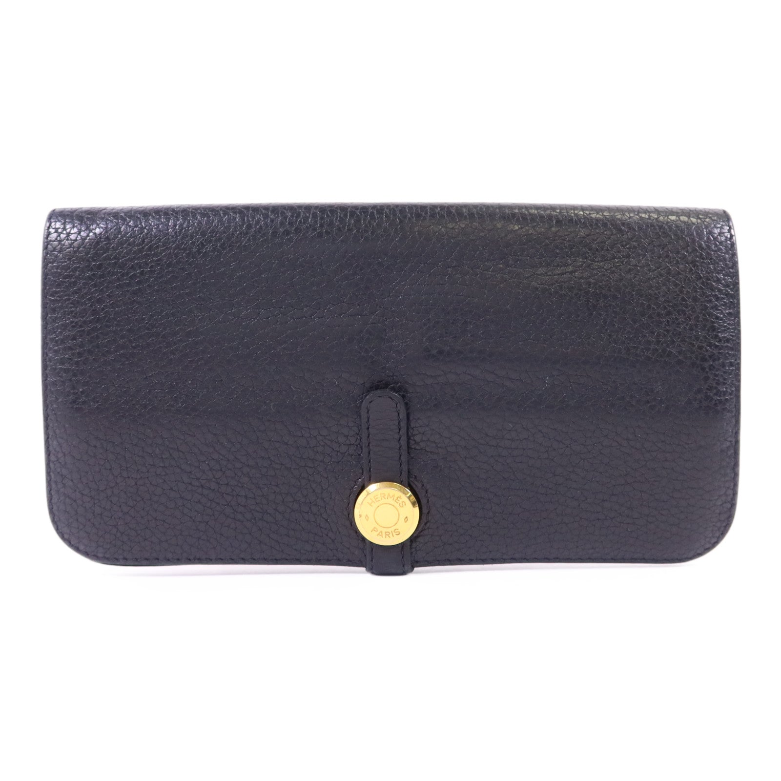 HERMES Clemence皮革Dogon Wallet金扣長錢包Noir