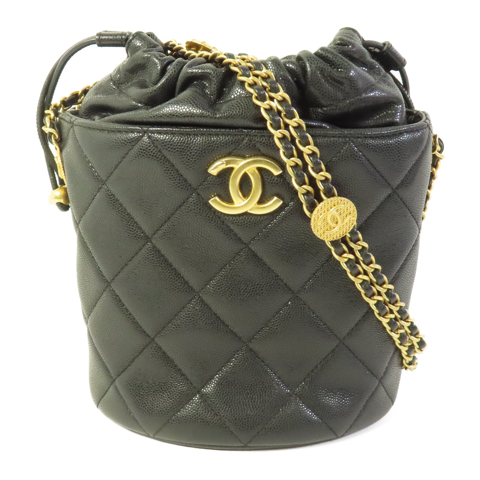 CHANEL CC GHW Small Bucket Bag Shoulder Bag Calfskin Leather Black