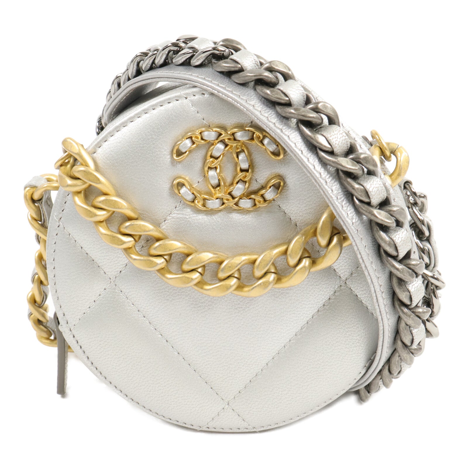 CHANEL 羊皮皮革C19 Round Clutch鏈帶肩背袋