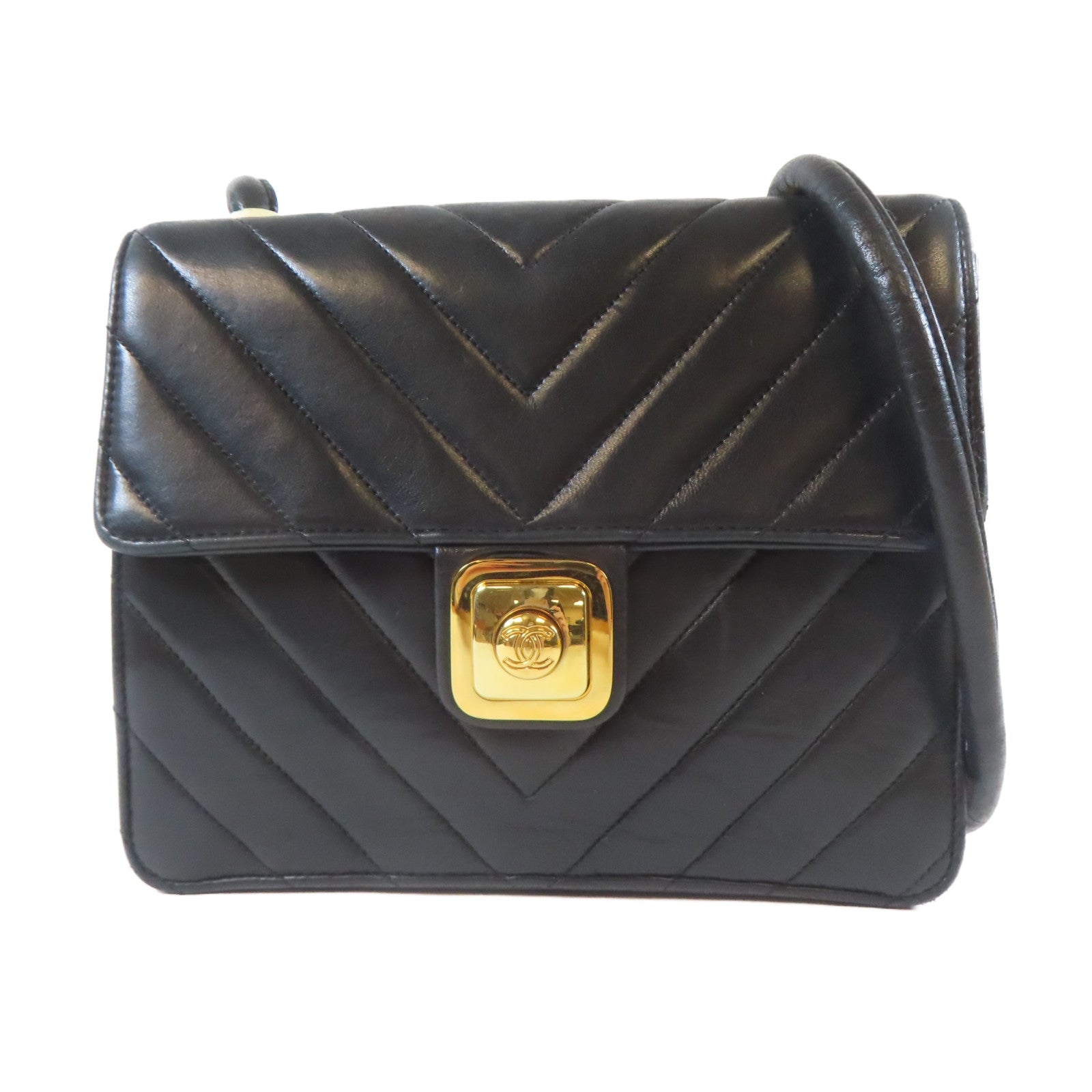 CHANEL 【激減優惠】斜紋牛皮皮革Vintage Handbag金扣肩背袋黑色