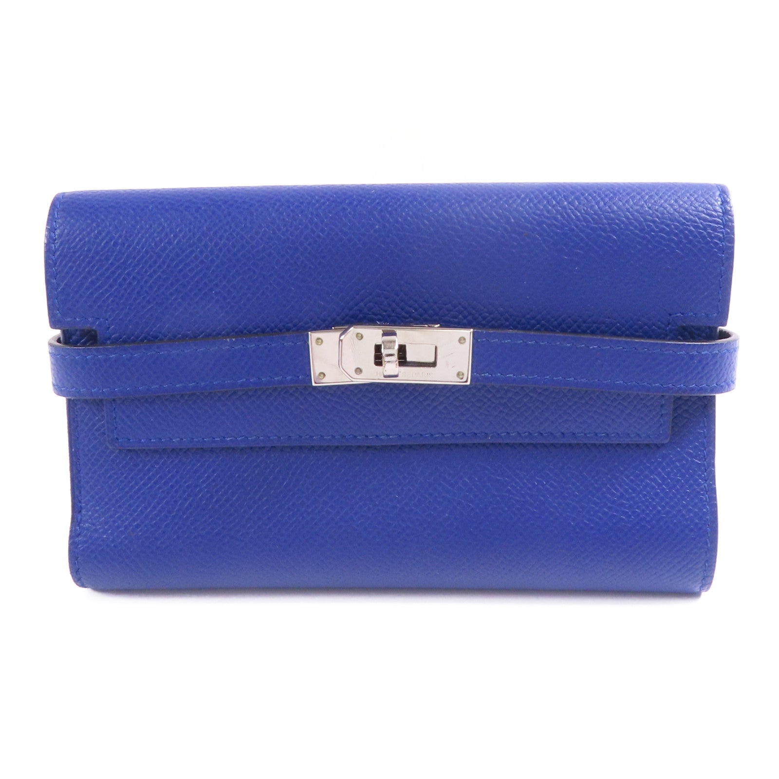 HERMES Epsom皮革Kelly Wallet銀扣長錢包Bleu Electrique
