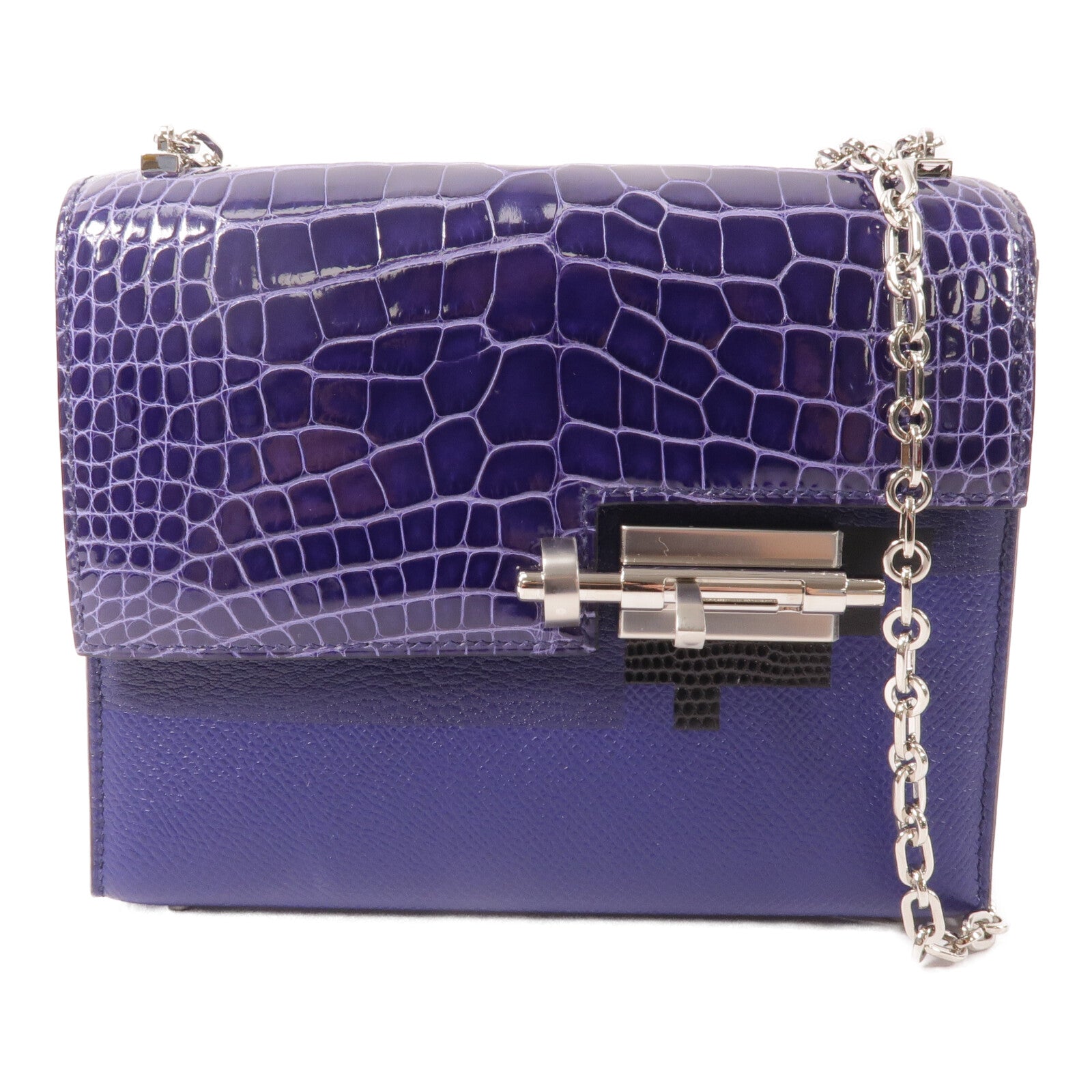 HERMES Epsom皮革/鱷魚皮革/蜥蝪皮革Mini Verrou肩背袋Bleu Electrique