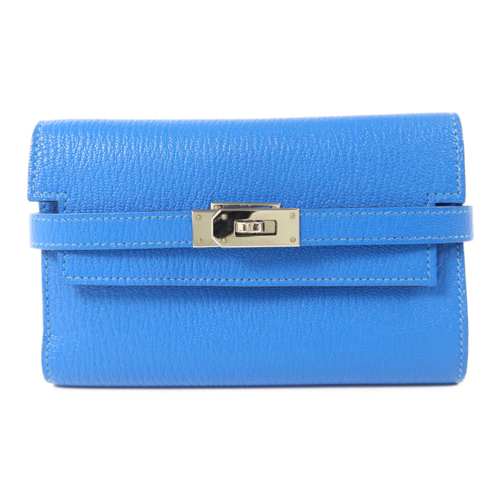 HERMES Chevre皮革Kelly Short Wallet銀扣錢包Bleu Electrique