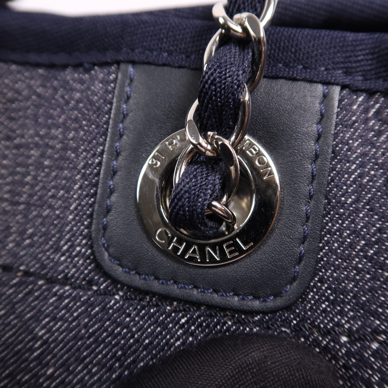 CHANEL 帆布Deauville Tote銀扣肩背袋