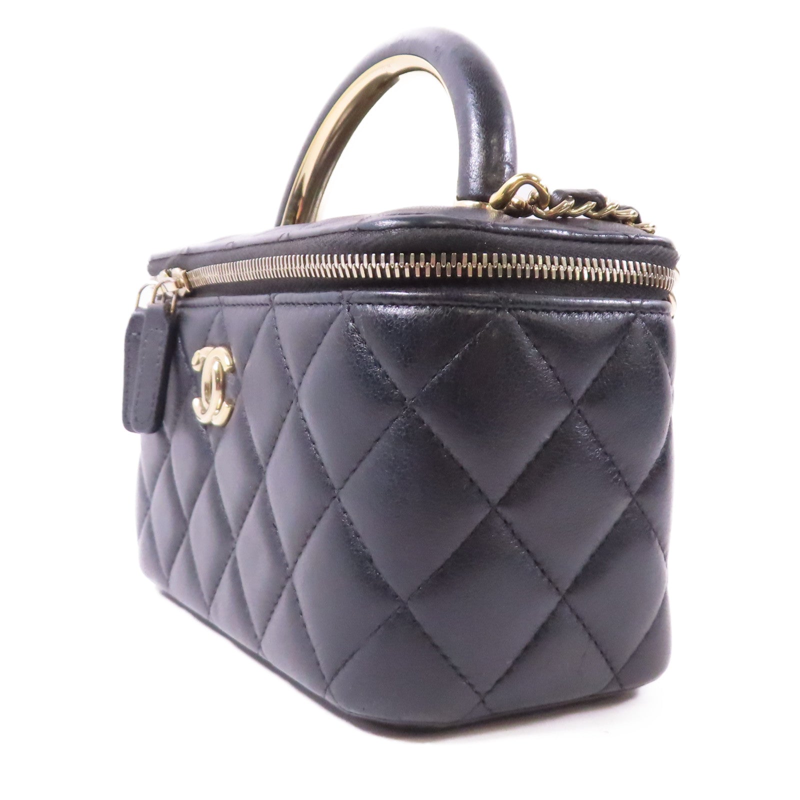 CHANEL 牛皮皮革Vanity Case銀扣鏈帶手挽肩背兩用袋