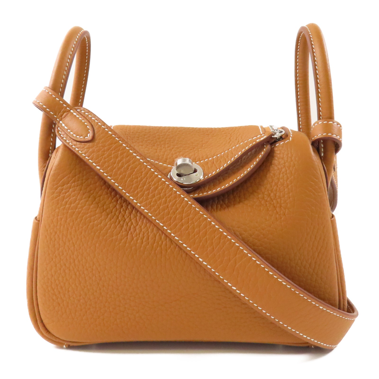 HERMES Clemence皮革Mini Lindy銀扣手挽肩背兩用袋Gold