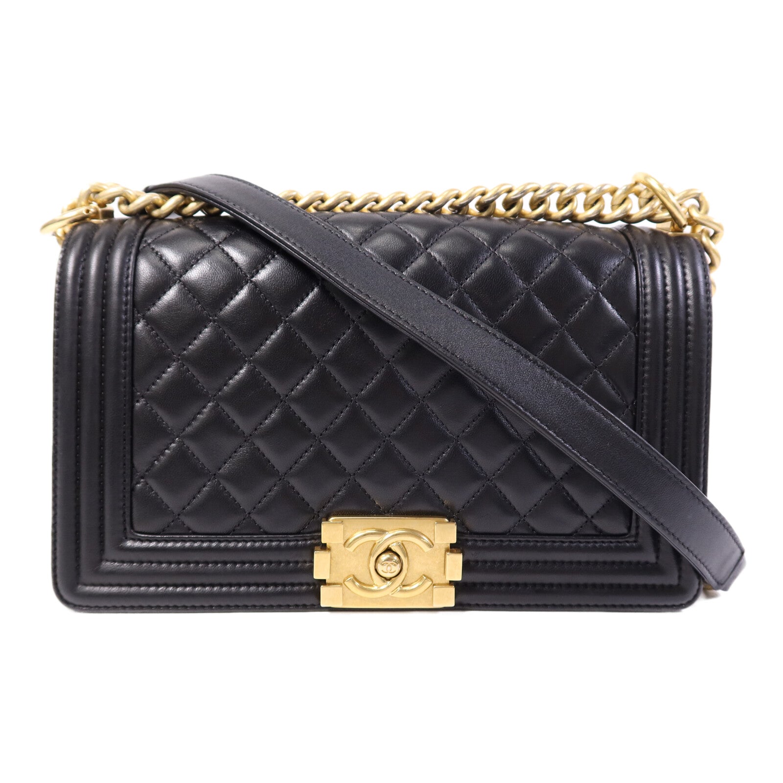 CHANEL 羊皮皮革Boy 25金扣鏈帶肩背袋