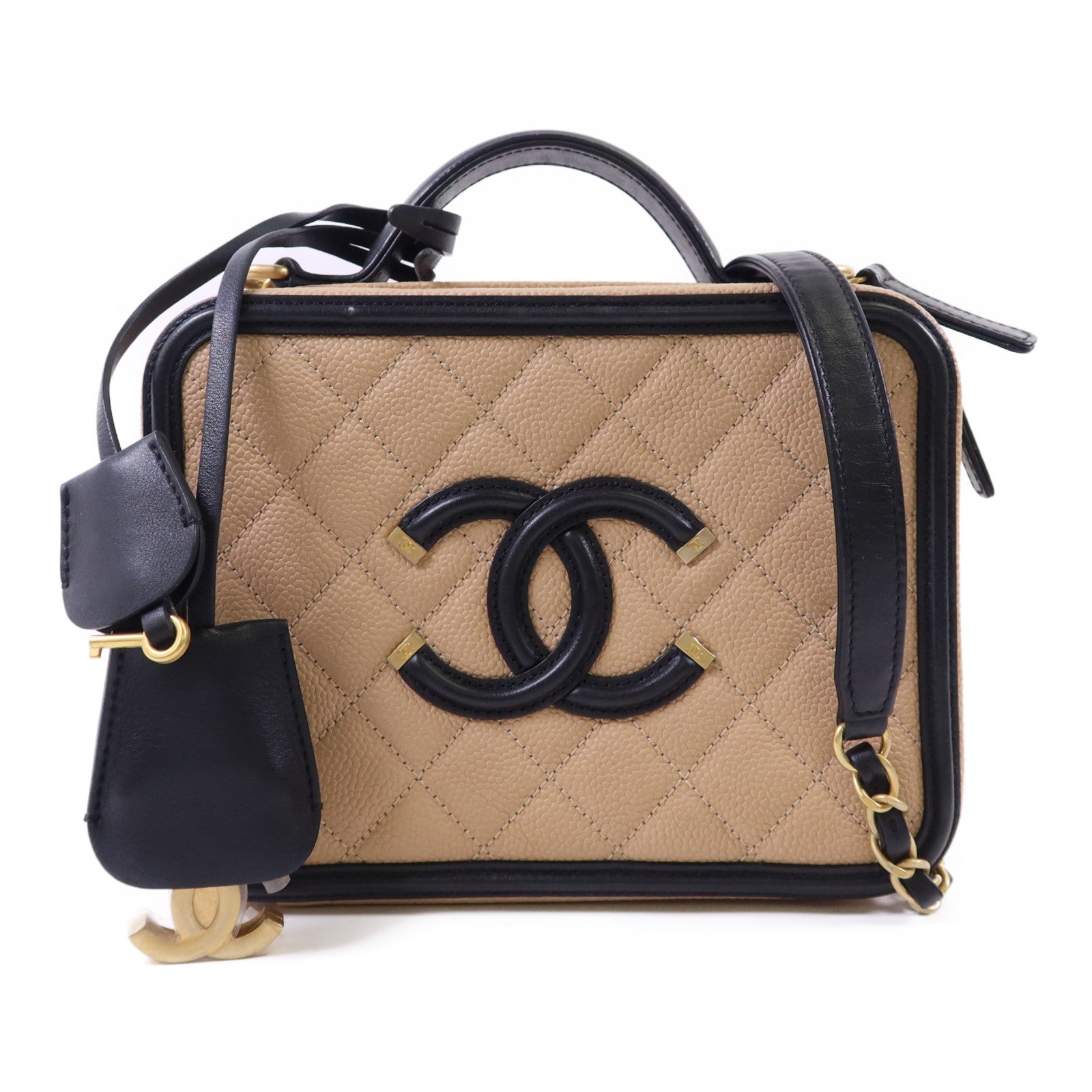 CHANEL 牛皮皮革Filigree Vanity Case Medium金扣鏈帶手挽肩背兩用袋