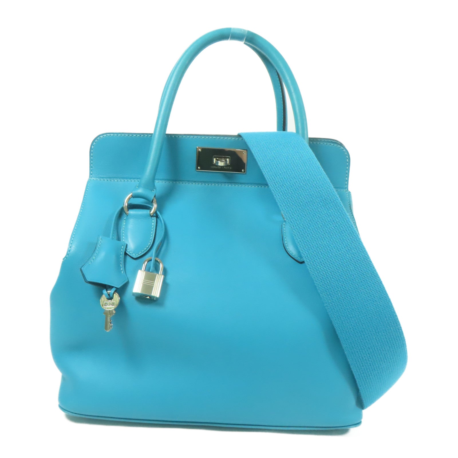 HERMES Swift皮革Toolbox 26銀扣手挽肩背兩用袋Turquoise