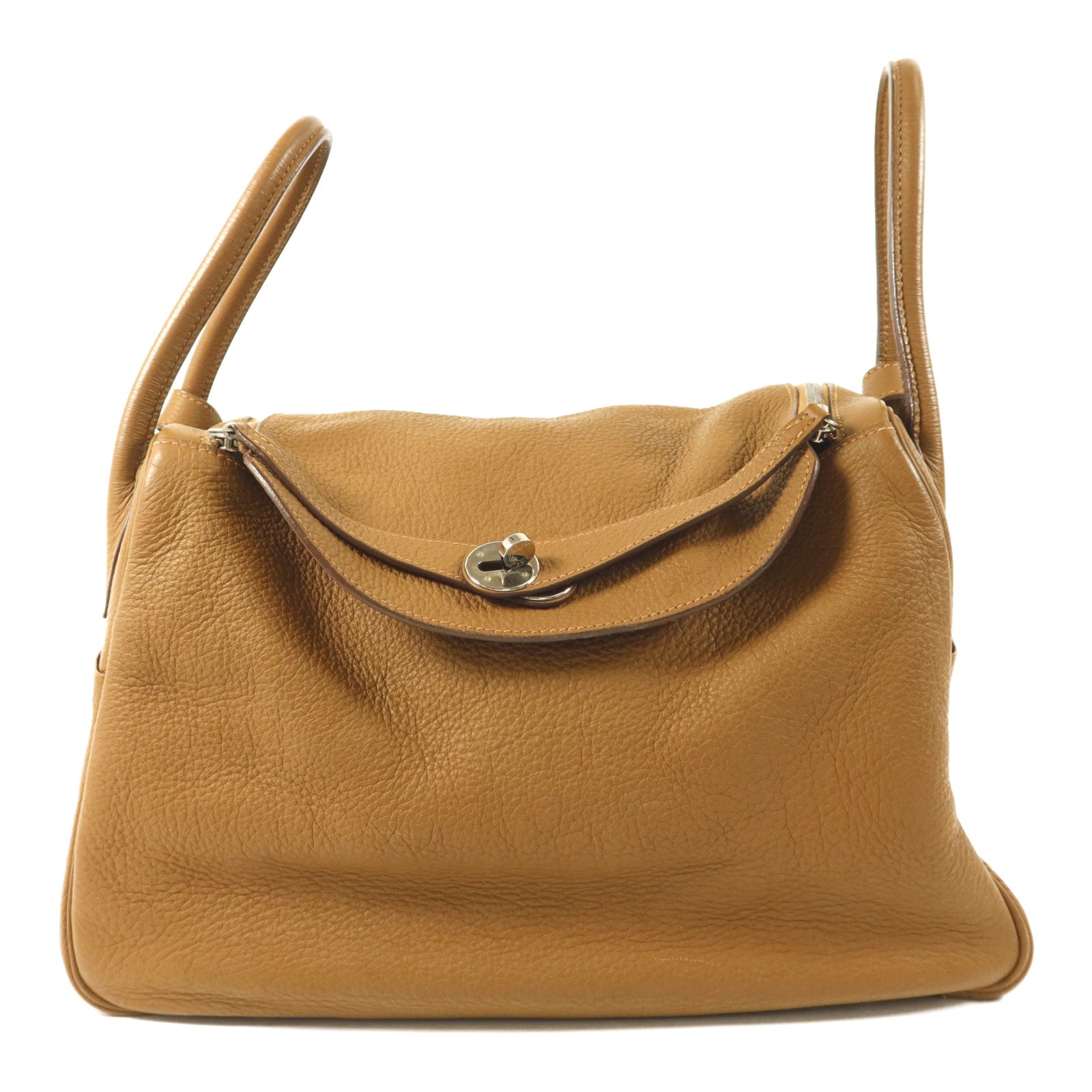 HERMES 【Hermes Fair】Clemence皮革Lindy 34銀扣手挽肩背兩用袋Tabac Camel
