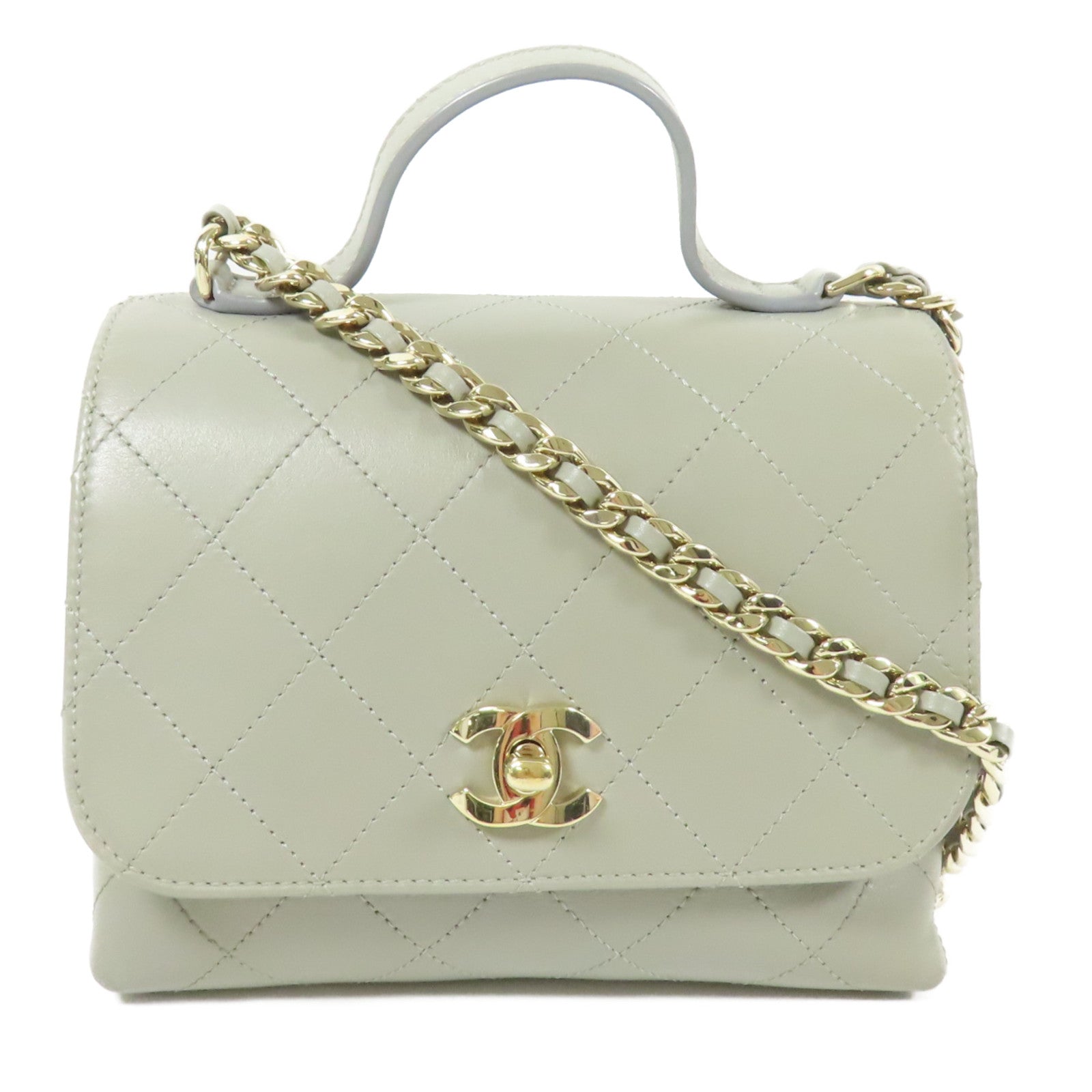 CHANEL CC GHW Flap Bag With Top Handle 2Way Shoulder Bag Calfskin Leather Grey