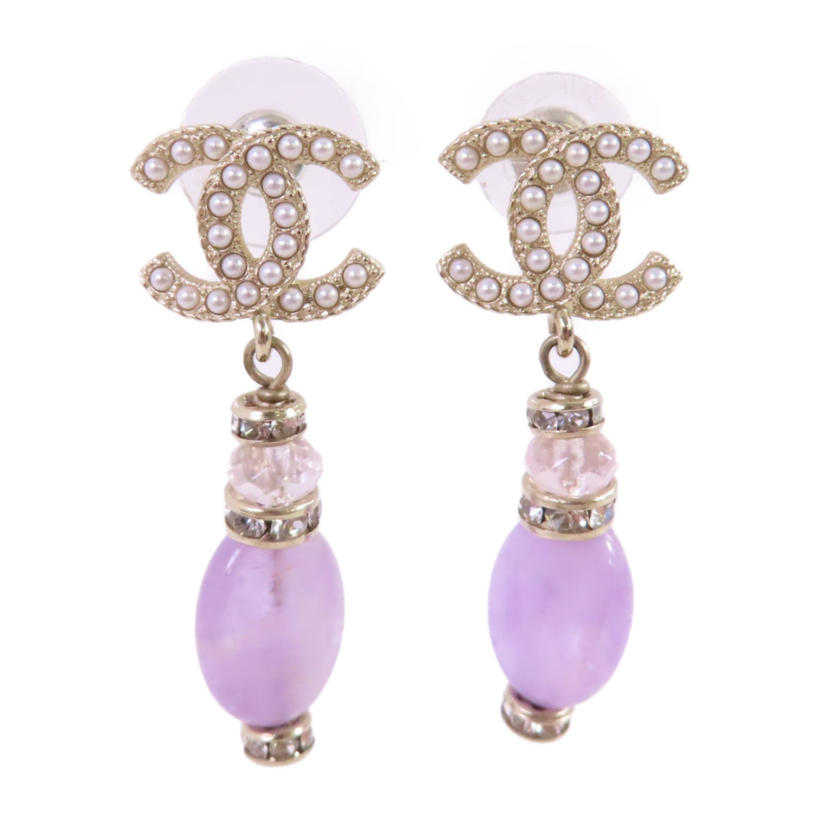 CHANEL 金屬/仿珍珠CC Earrings金扣耳環白色/淺紫色/金色– Brand