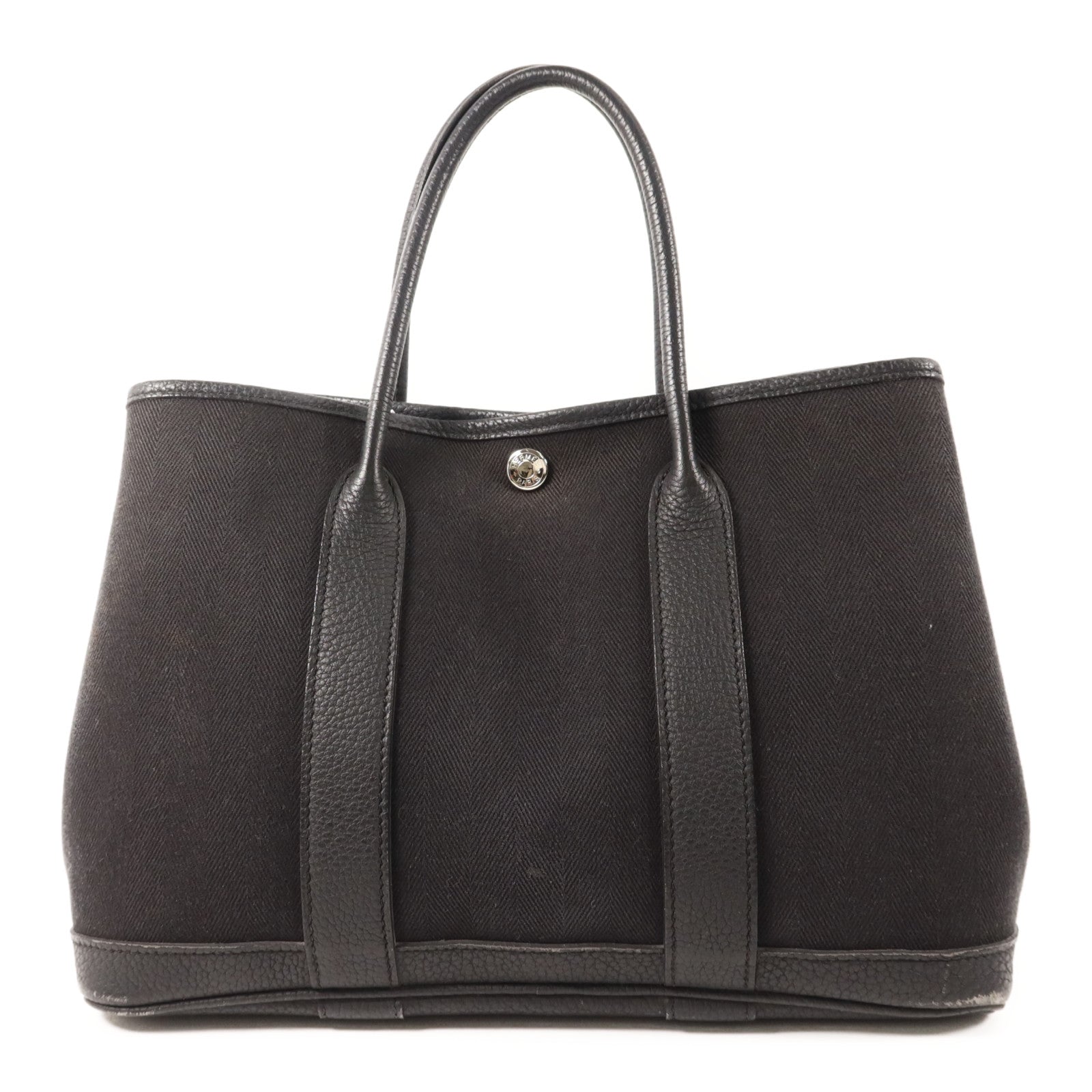 HERMES 帆布/Negonda皮革Garden Party TPM銀扣手挽袋Noir/Blue Indigo