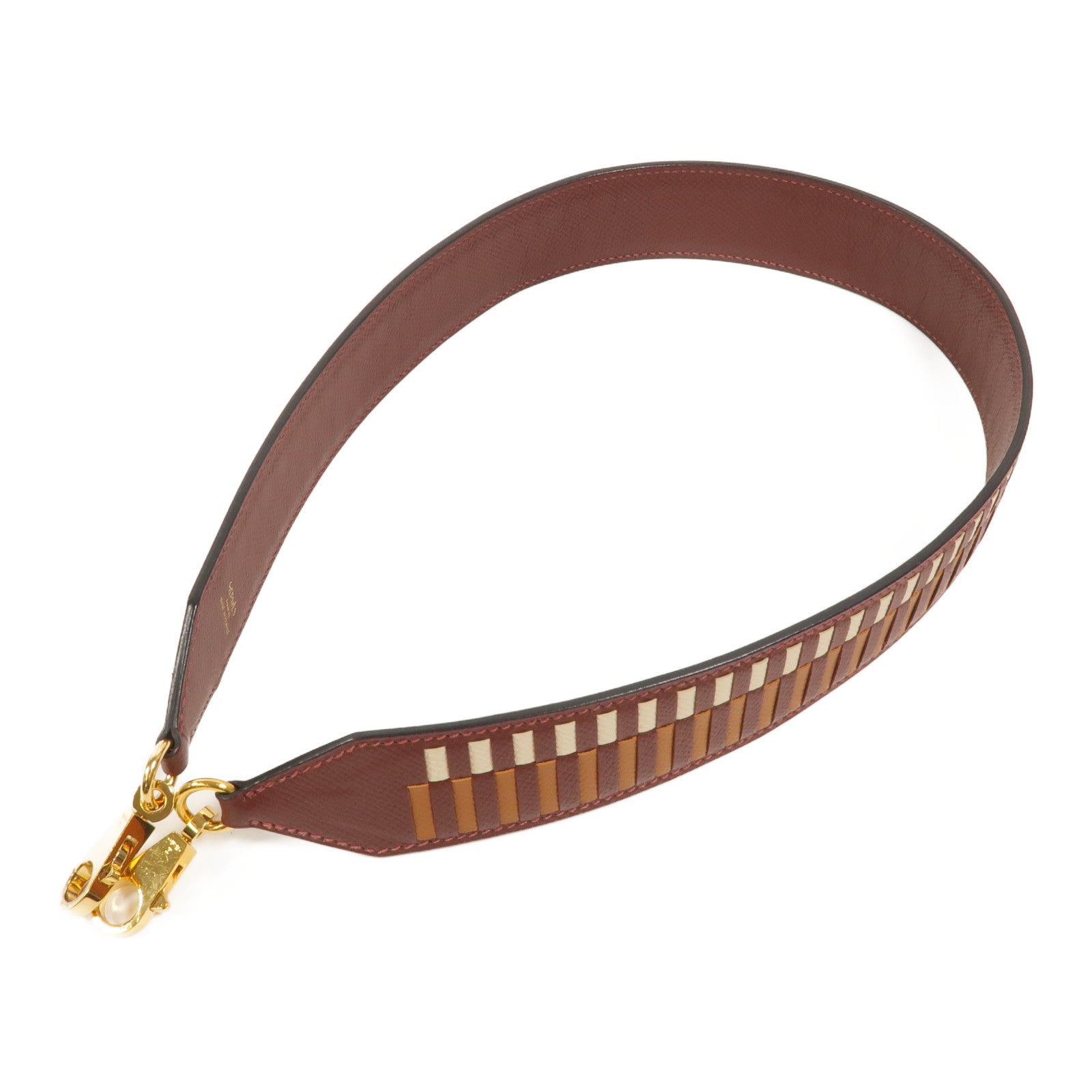 HERMES Epsom皮革Strap 70cm肩背帶Bordeaux/Gold/Craie