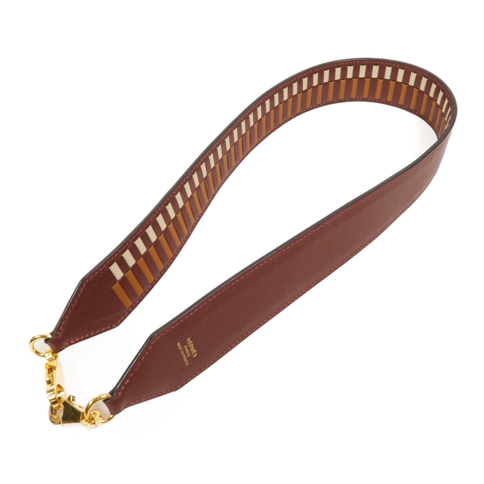 HERMES Epsom皮革Strap 70cm肩背帶Bordeaux/Gold/Craie