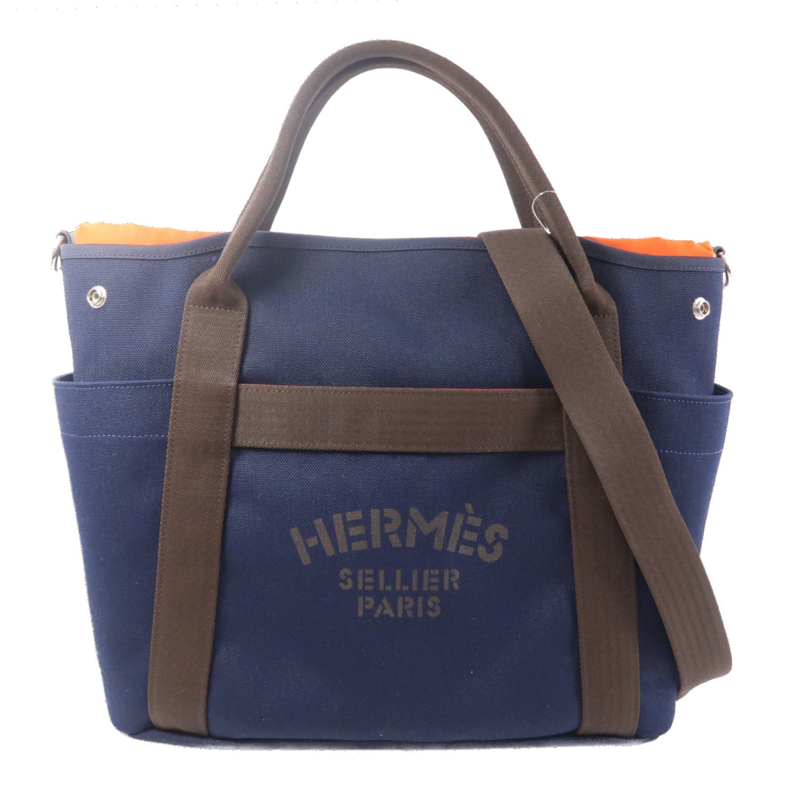 HERMES 帆布The Grooming Bag手挽肩背兩用袋Bleu France/Feu
