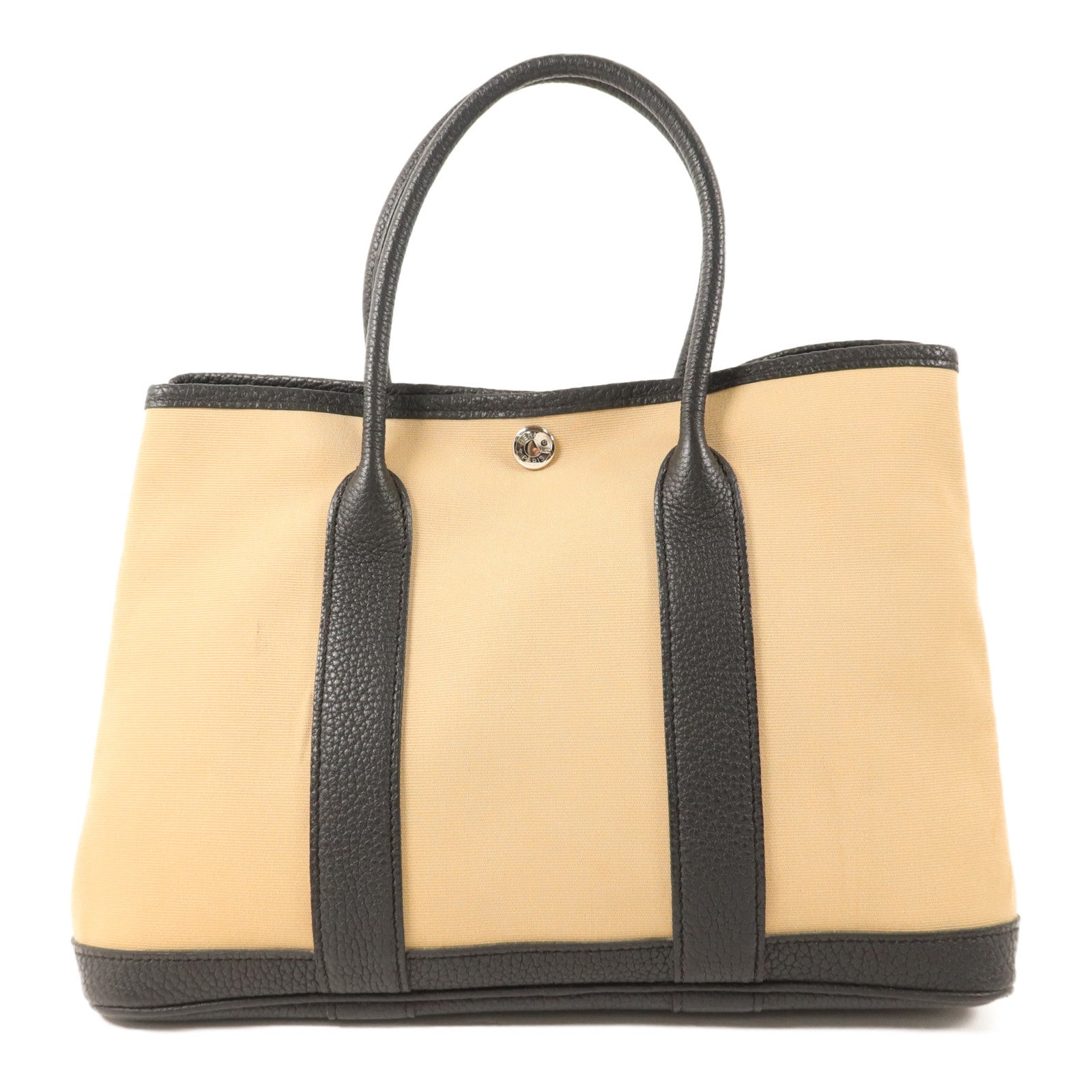 HERMES Negonda皮革/帆布Garden Party TPM銀扣手挽袋Trench/Noir