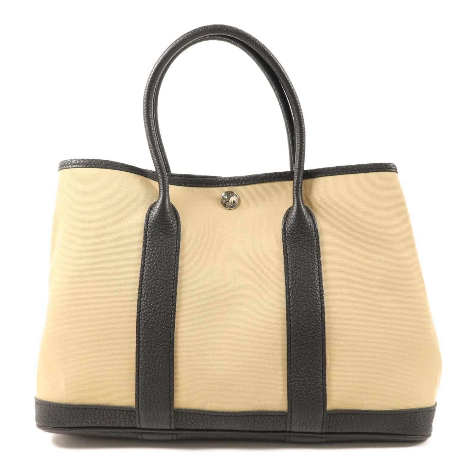 HERMES Negonda皮革/帆布Garden Party TPM銀扣手挽袋Trench/Noir