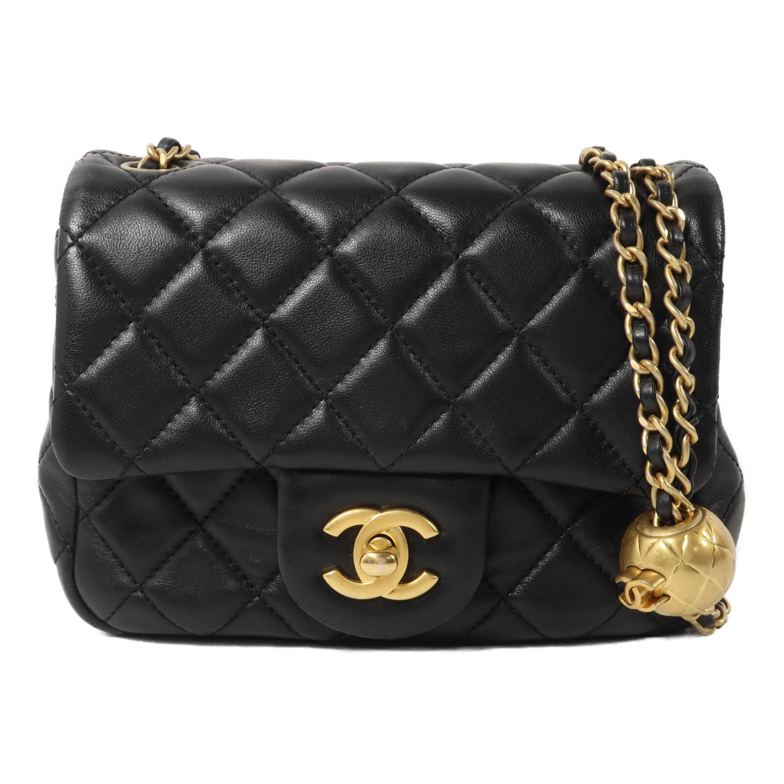 CHANEL 羊皮皮革Mini Classic 17 Gold Ball鏈帶肩背袋