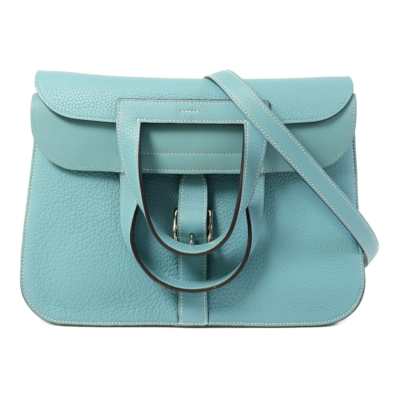 HERMES Clemence皮革Halzan 31銀扣手挽肩背兩用袋Bleu Saint