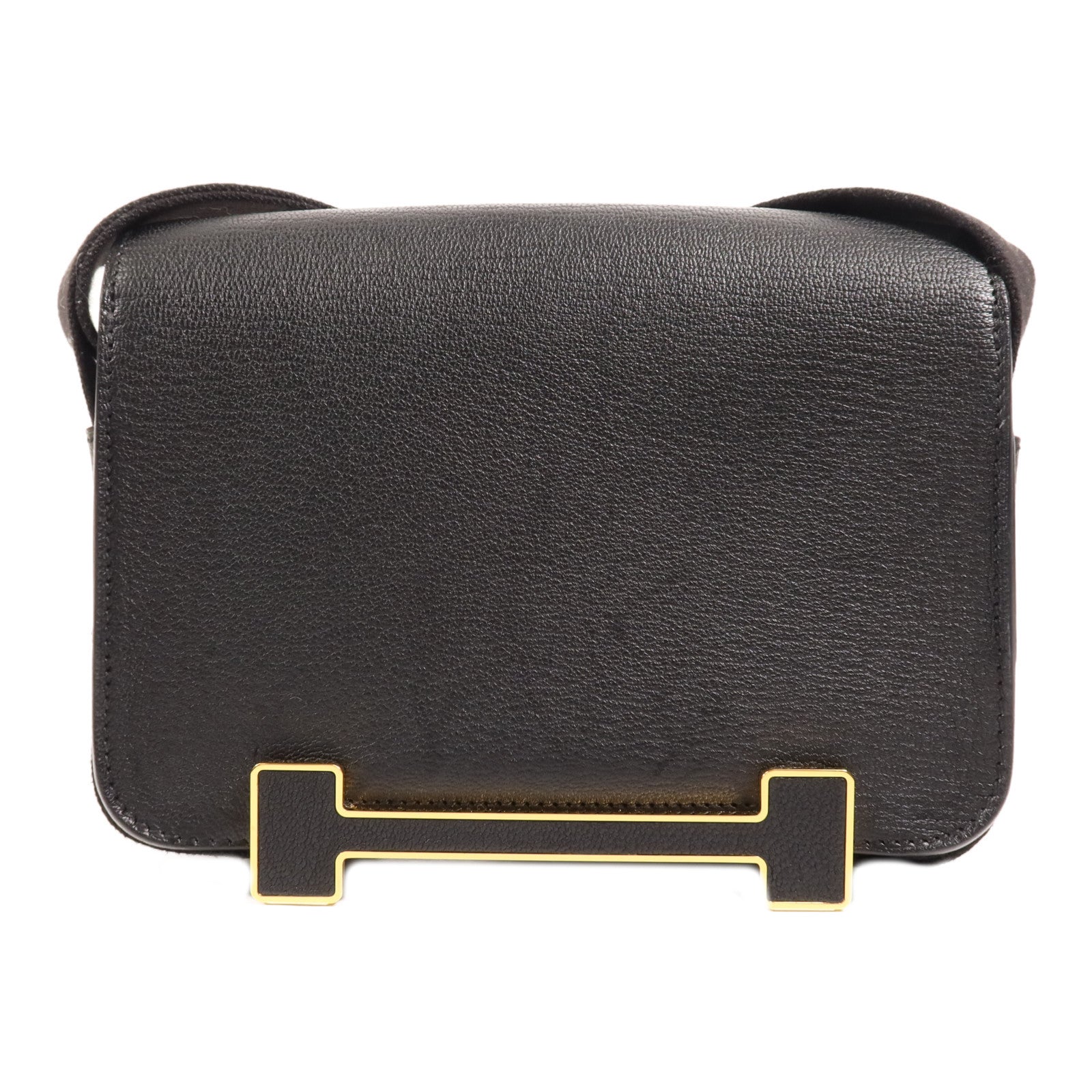 HERMES Chevre皮革Geta金扣肩背袋Noir