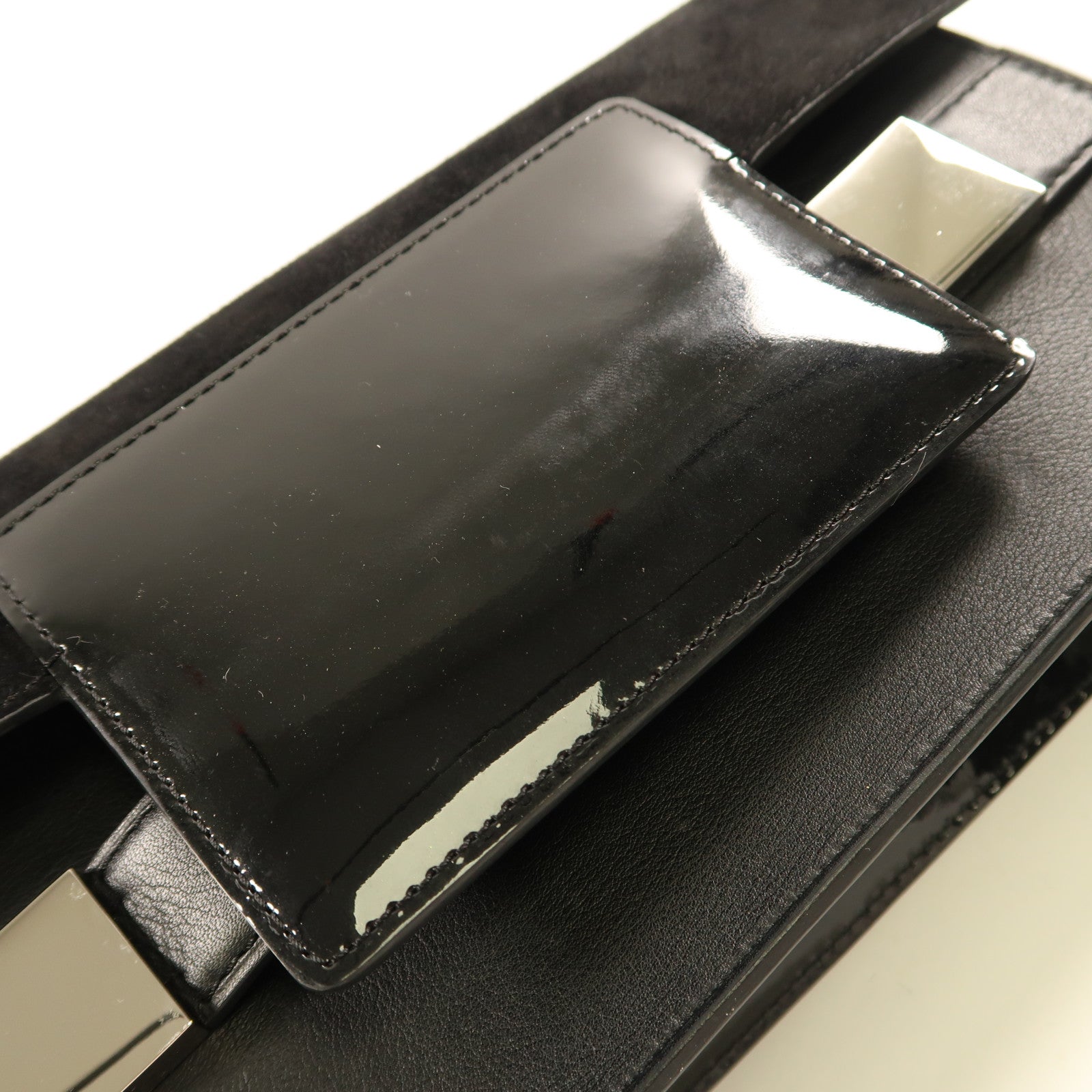 Delvaux 皮革/絨布Hand Bag銀扣手拿包黑色