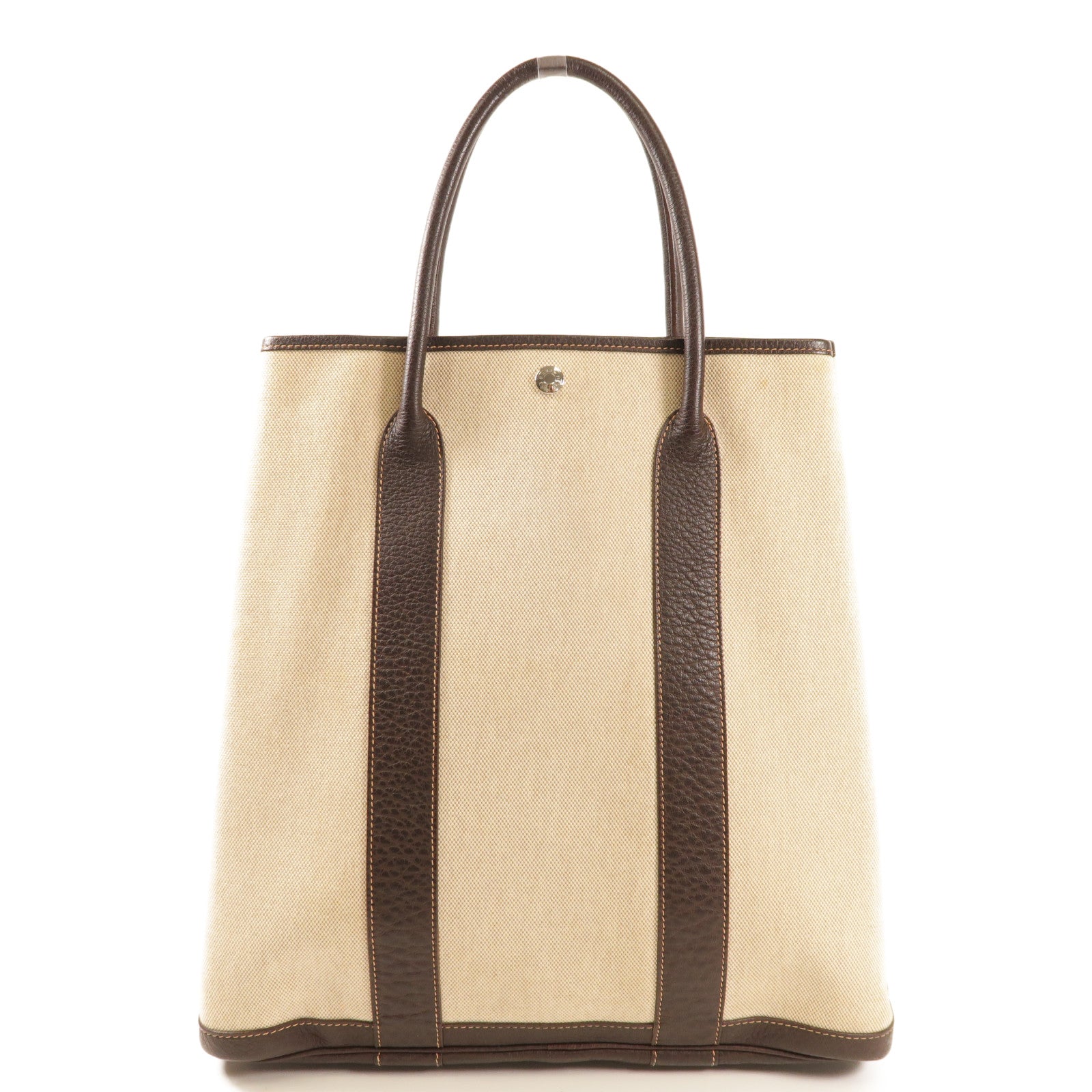 HERMES 帆布/皮革Garden File MM銀扣手挽袋Beige