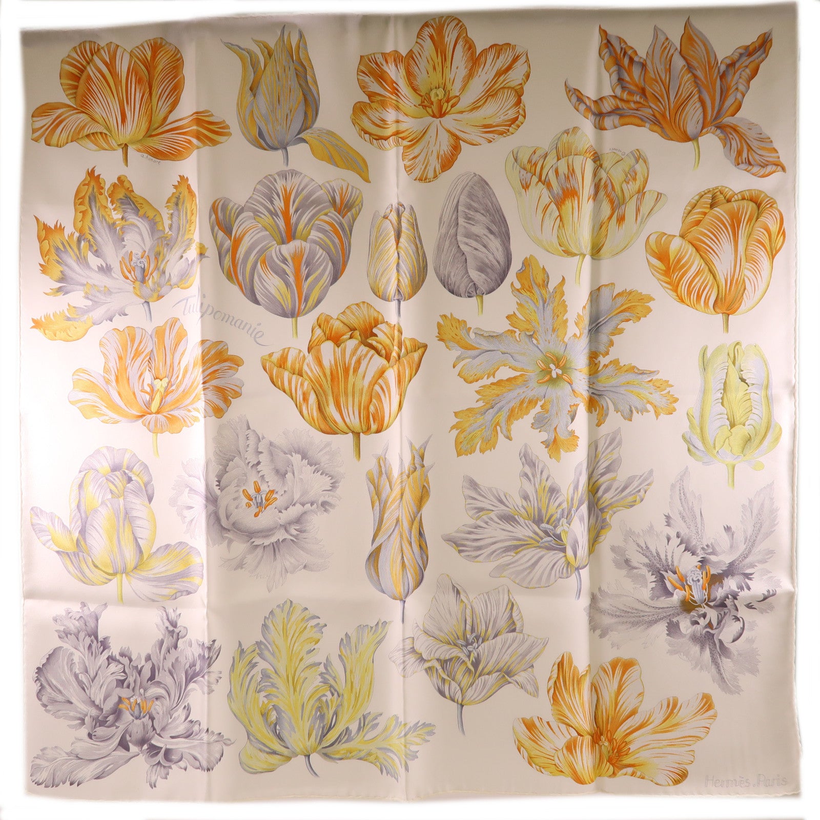 HERMES Scarf 90X90 Silk White Gray Yellow Orange