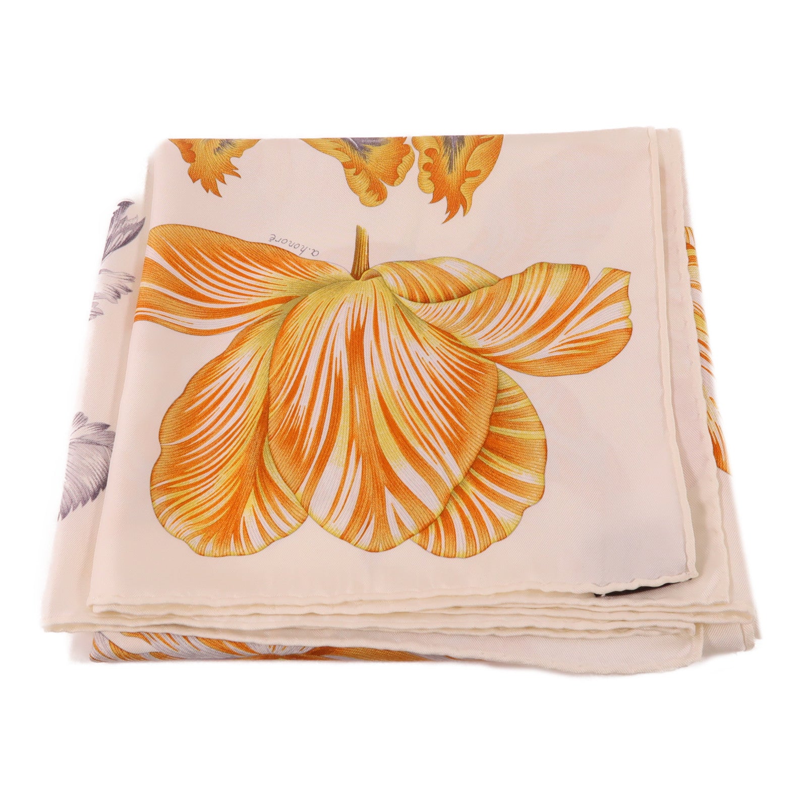 HERMES Scarf 90X90 Silk White Gray Yellow Orange