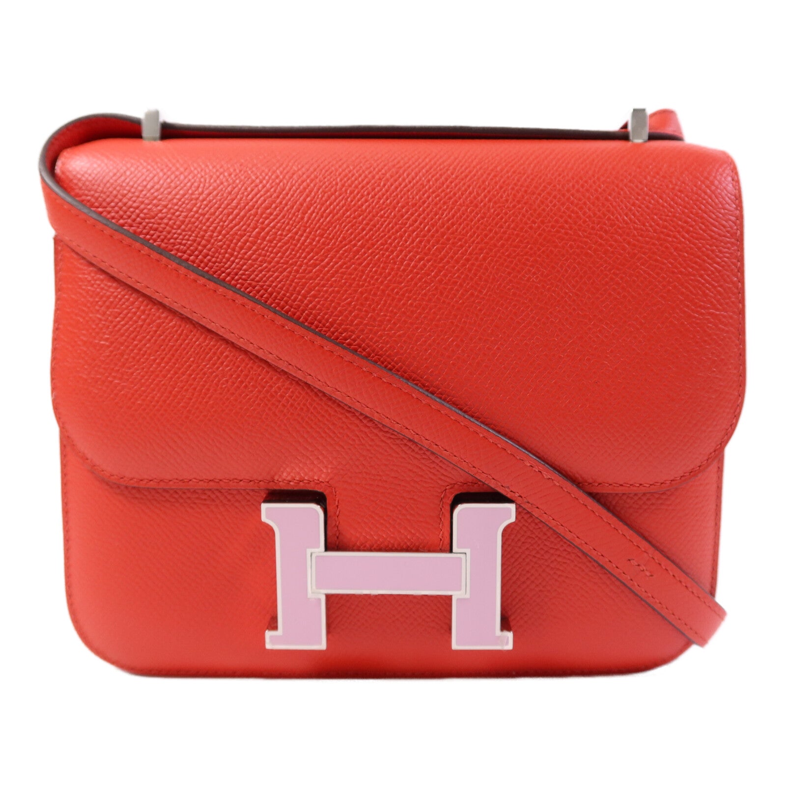 HERMES Epsom皮革Constance 24肩背袋銀扣Rouge De Coeur/Mauve