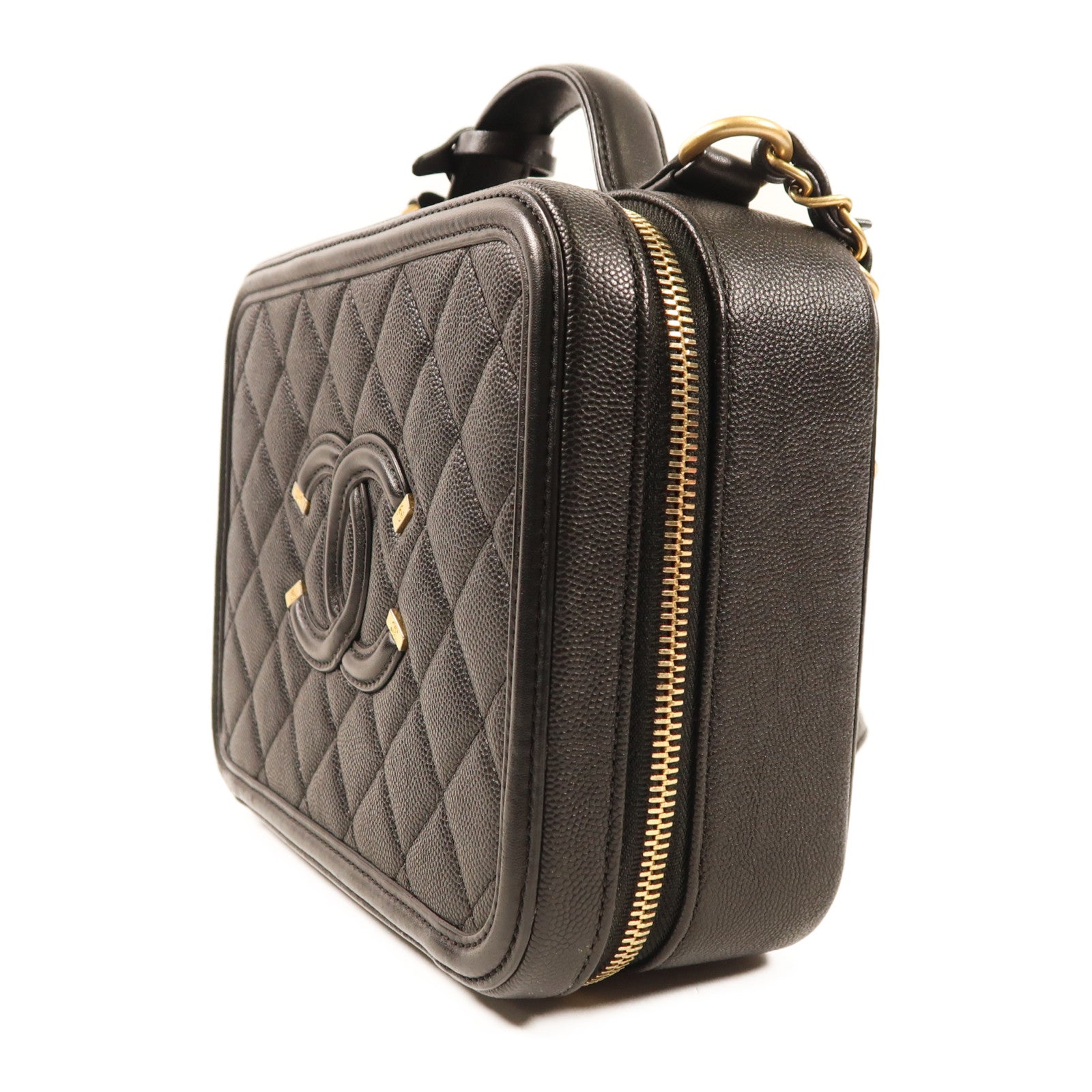 CHANEL 牛皮皮革Vanity Case金扣鏈帶手挽肩背兩用袋