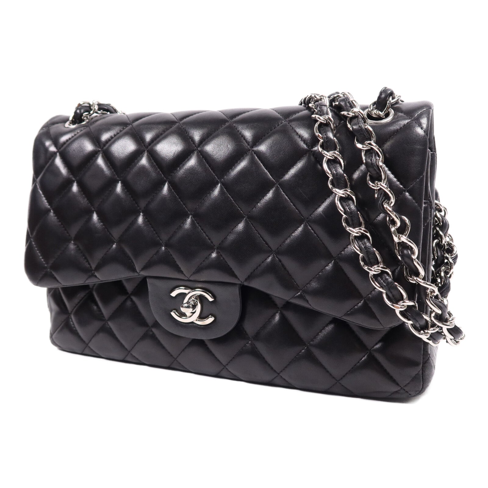 CHANEL 羊皮皮革Large Classic銀扣鏈帶肩背袋