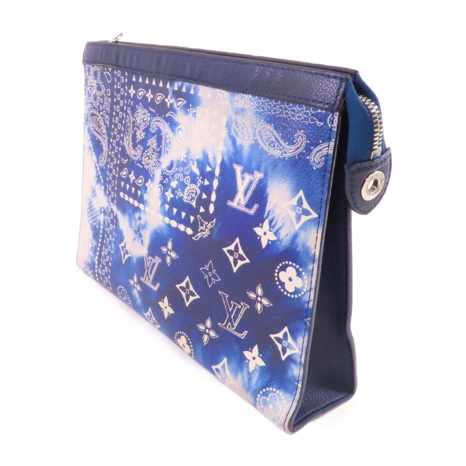 LOUIS VUITTON Monogram-on-bandana Pochette Voyage MM Pouch銀扣手拿包藍色