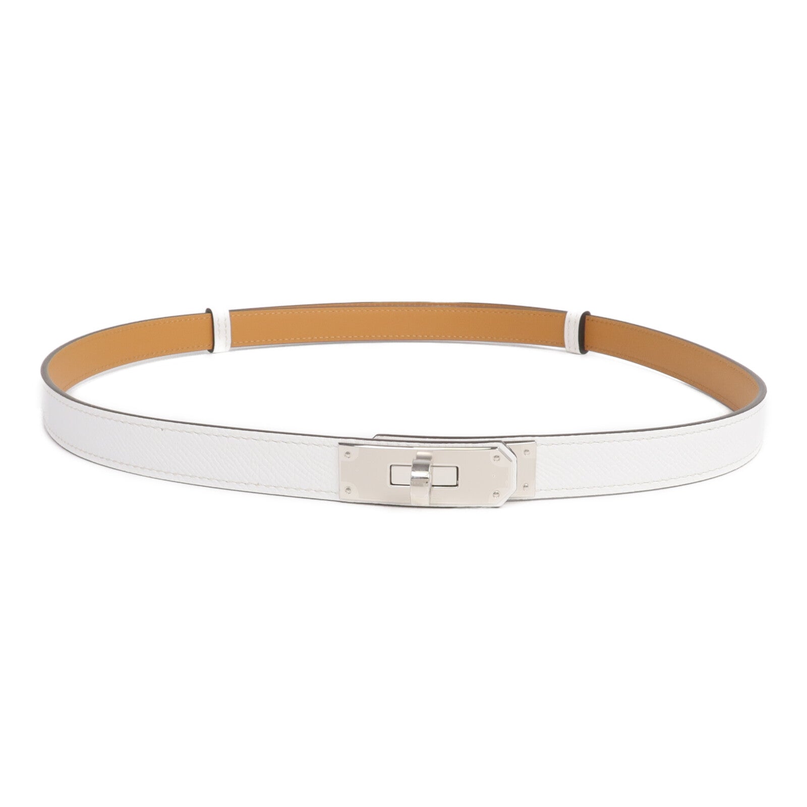HERMES Epsom皮革Kelly 18 Belt銀扣皮帶Blanc