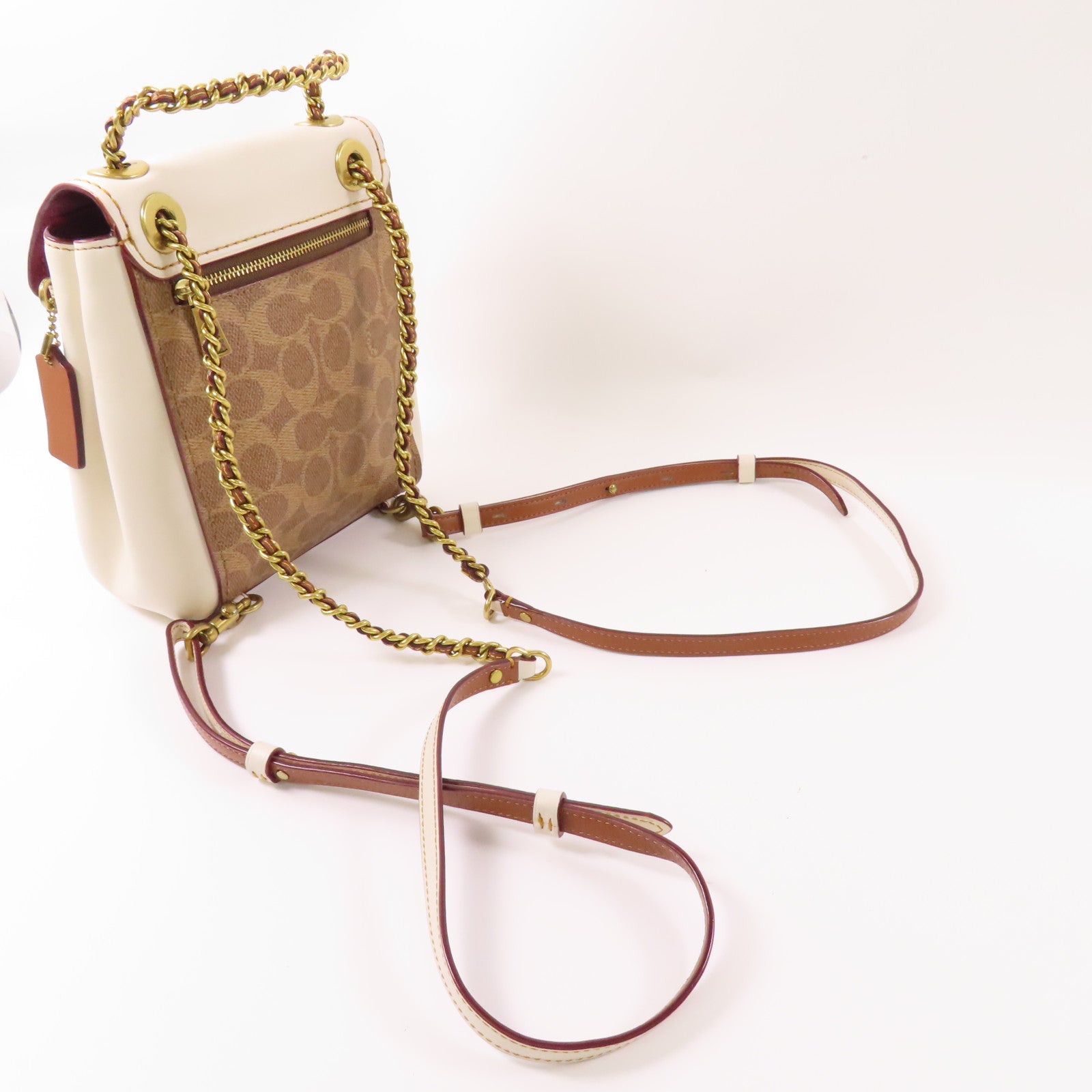 COACH 塗層帆布/牛皮皮革Backpack金扣鏈帶背包