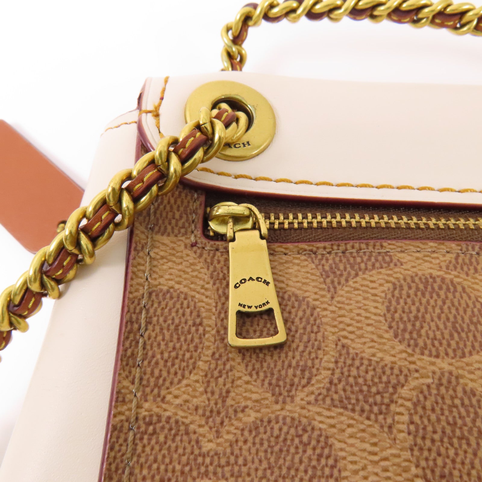 COACH 塗層帆布/牛皮皮革Backpack金扣鏈帶背包