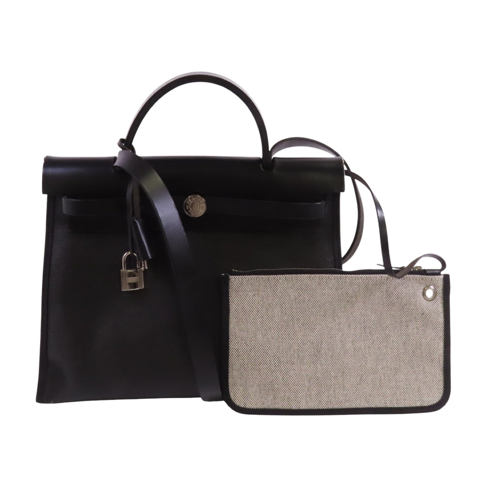 HERMES 塗層帆布/牛皮皮革Herbag PM銀扣手挽肩背兩用袋