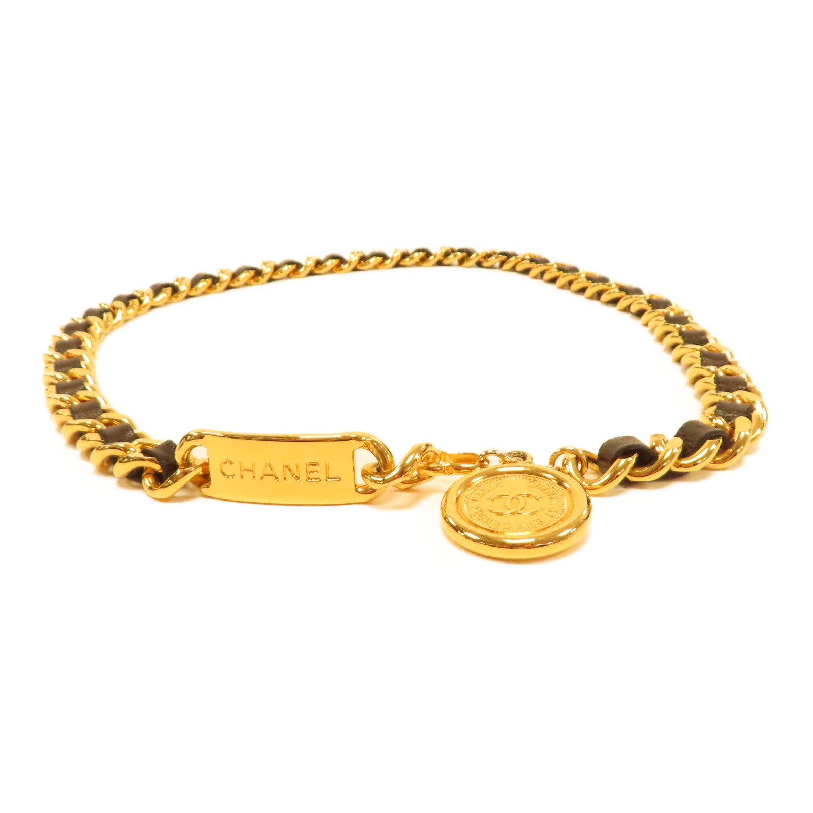 小物 CHANEL vintage belt Vintage Chanel CC 1992 Black Woven Leather Chain Belt