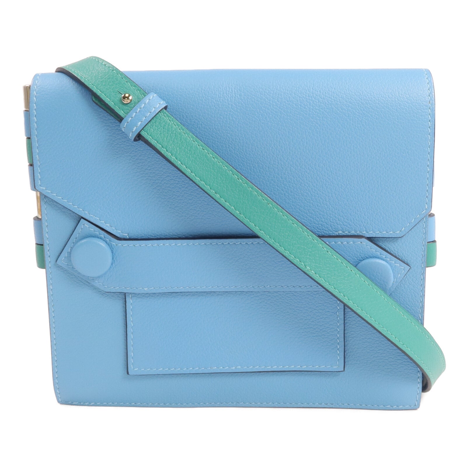 HERMES Evercolor皮革Twins Bag銀扣肩背袋Bleu du Nord/Menthe