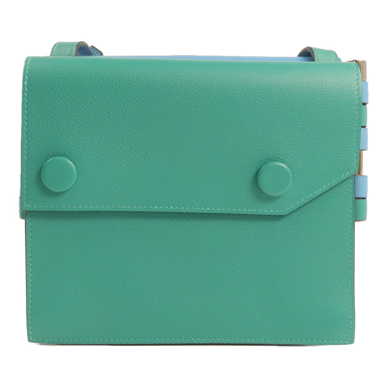 HERMES Evercolor皮革Twins Bag銀扣肩背袋Bleu du Nord/Menthe