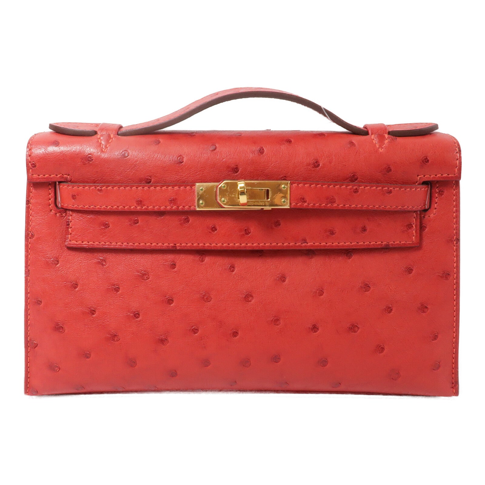 HERMES 鴕鳥皮革Kelly Pochette手挽袋Rouge Vif