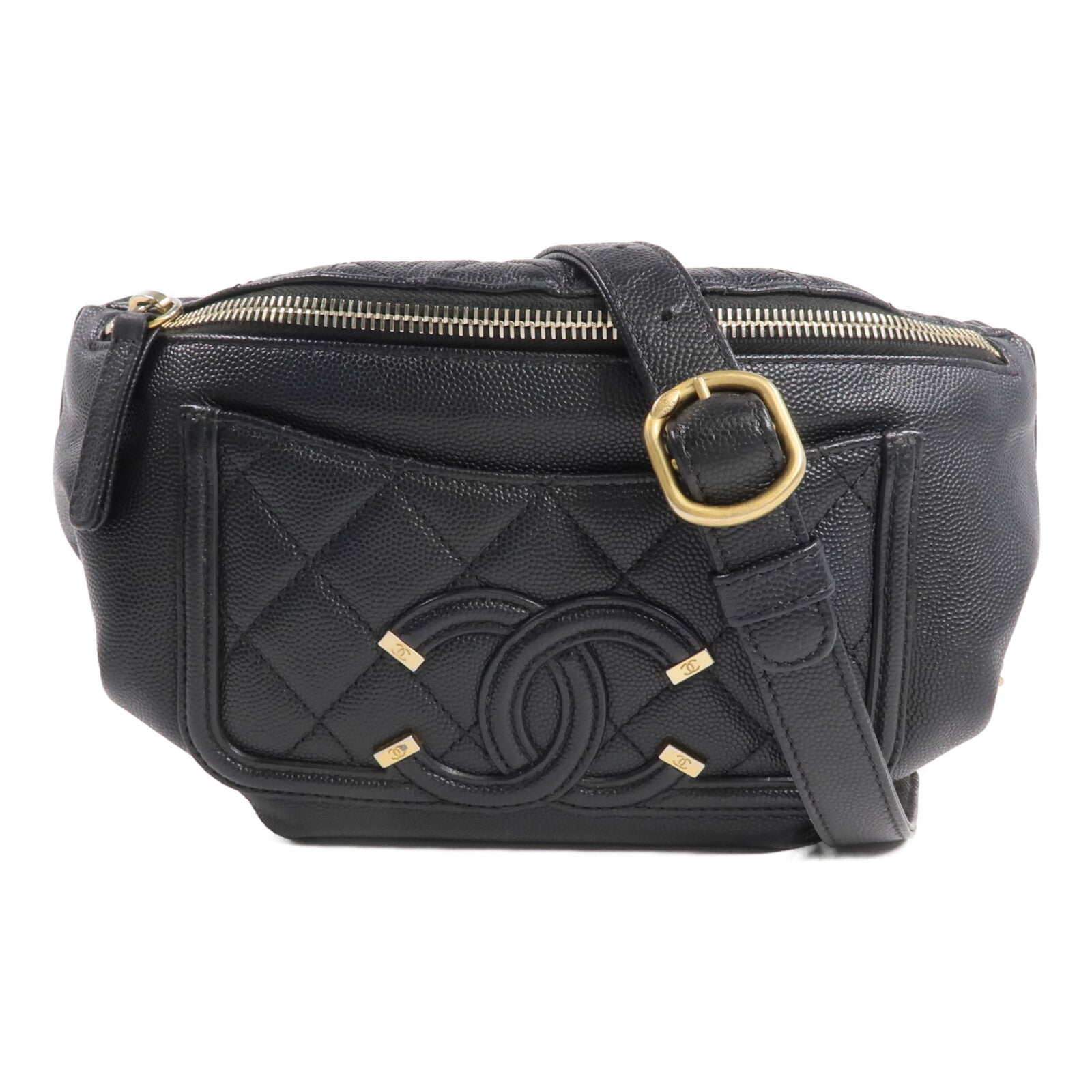 CHANEL 牛皮皮革Filigree Waist Bag金扣腰包