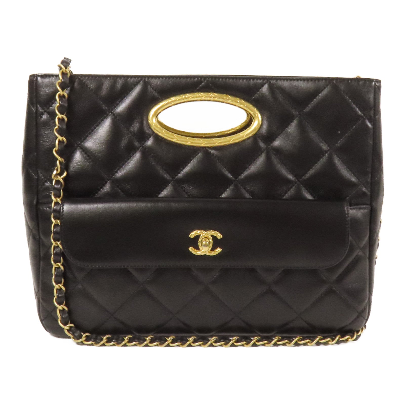 CHANEL 皮革Chain Shoulder金扣手挽肩背兩用袋