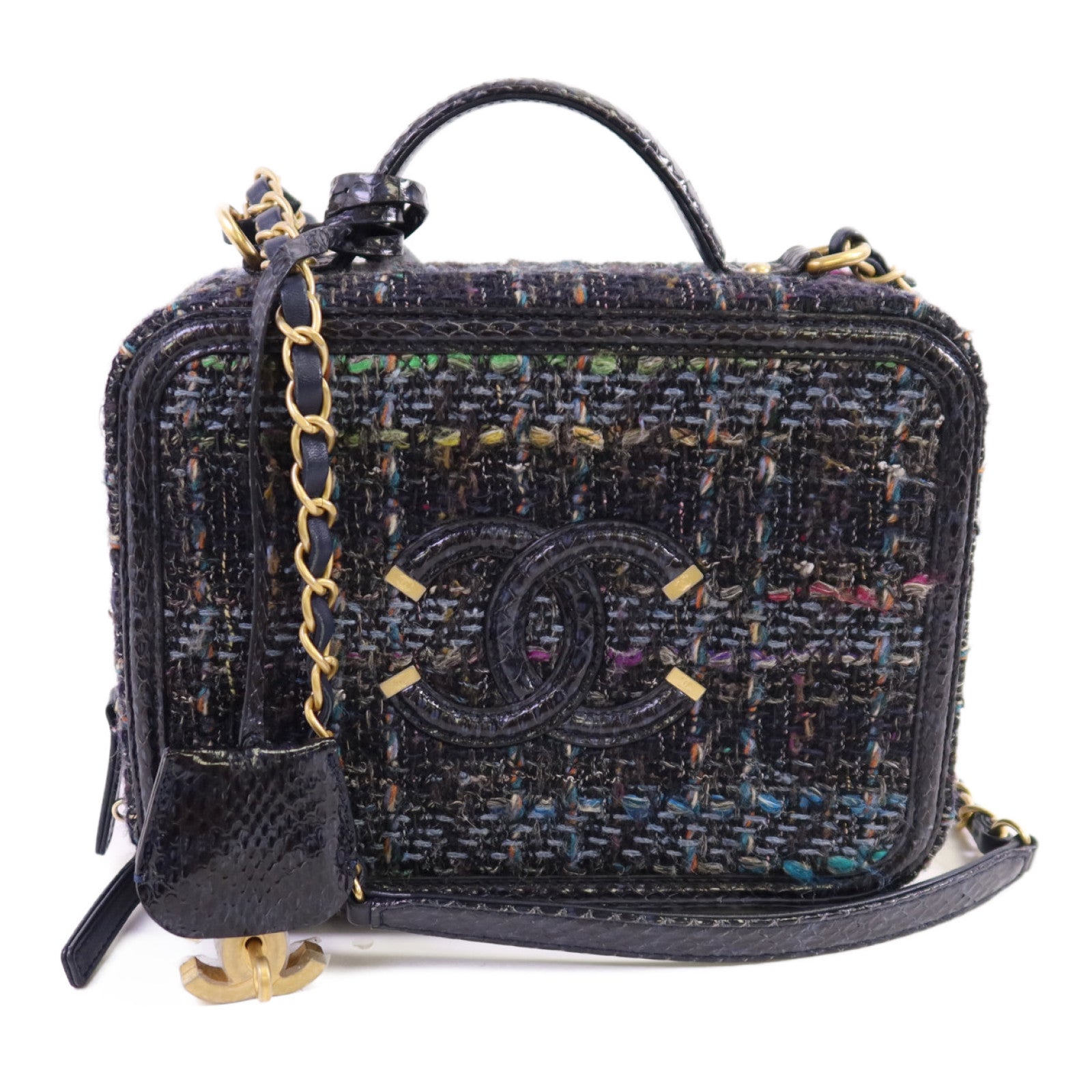 CHANEL 斜紋軟呢/蛇皮Filigree Vanity Case Medium金扣鏈帶手挽肩背兩用袋