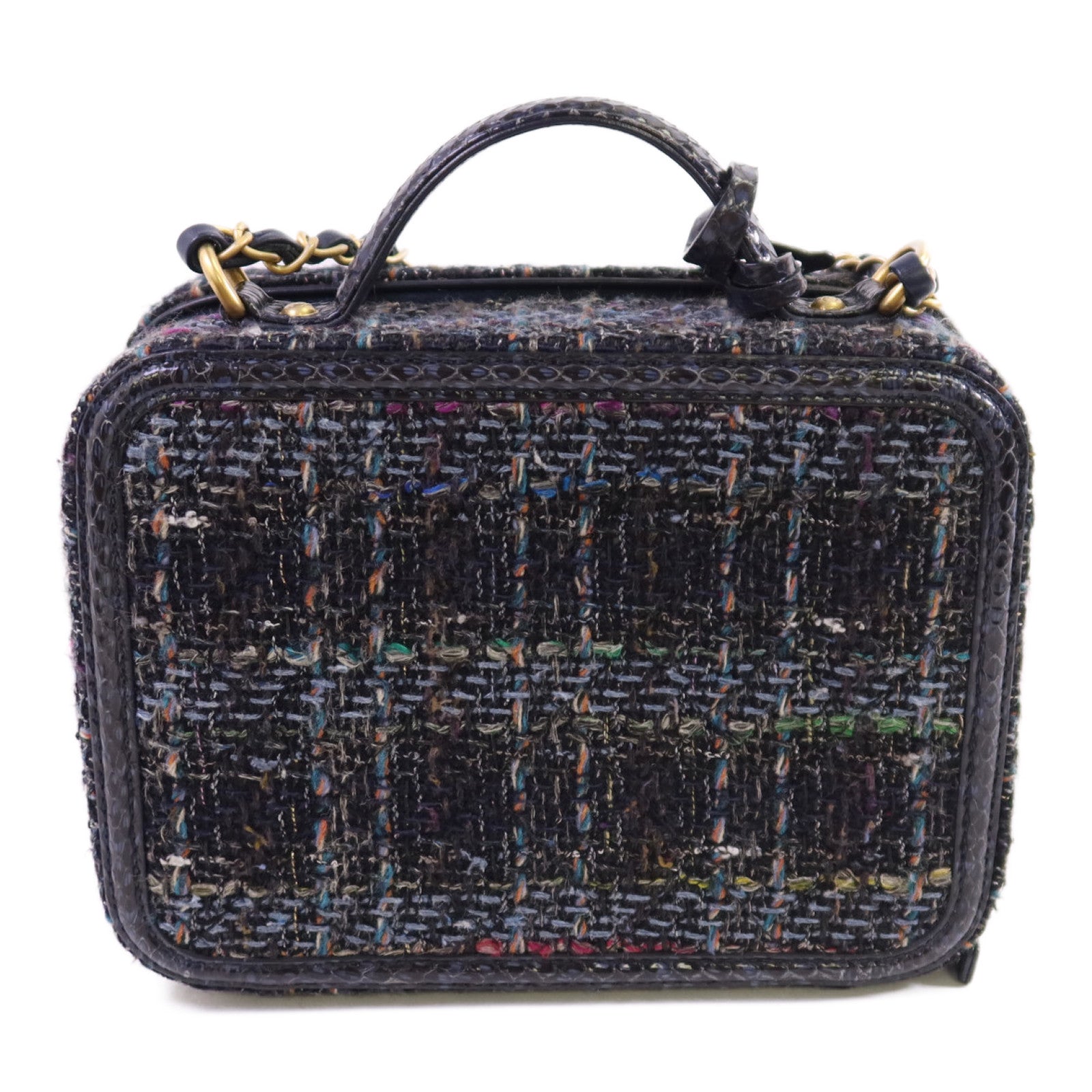 CHANEL 斜紋軟呢/蛇皮Filigree Vanity Case Medium金扣鏈帶手挽肩背兩用袋