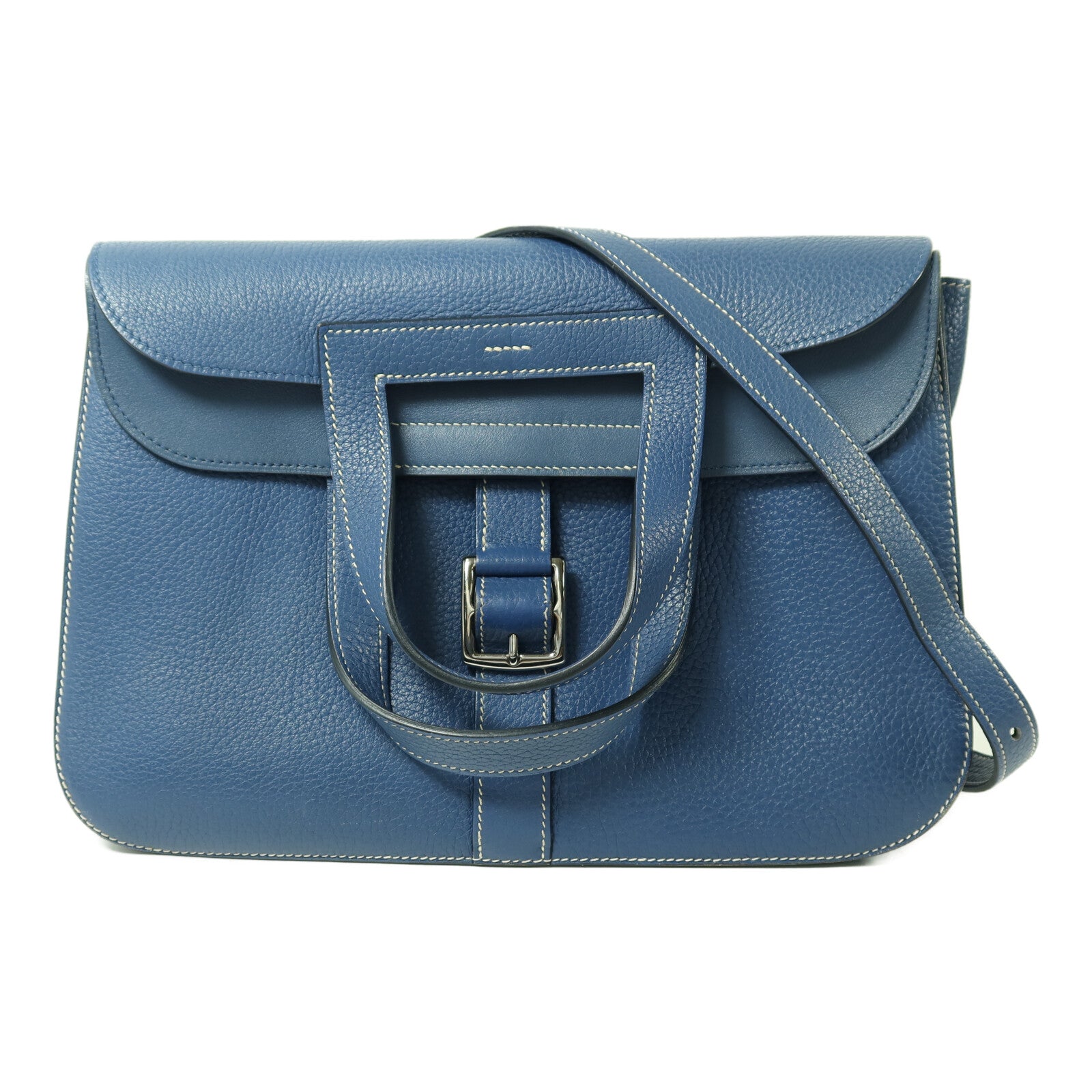 HERMES 【激減優惠】Clemence皮革Halzan 31銀扣手挽肩背兩用袋Bleu Agate
