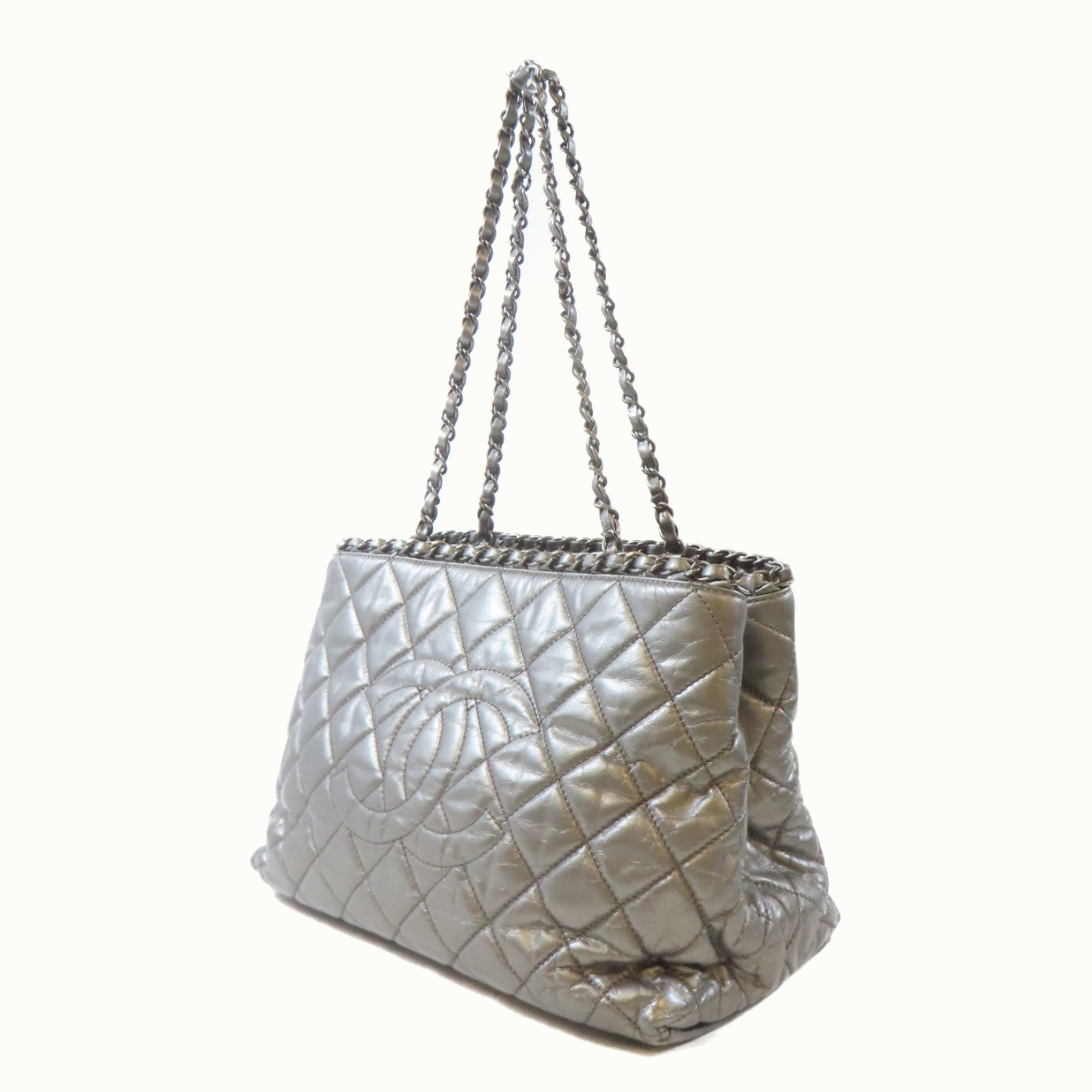 CHANEL 【激減優惠】菱格牛皮皮革Chain Shoulder Bag黑扣鏈帶肩背袋銀色