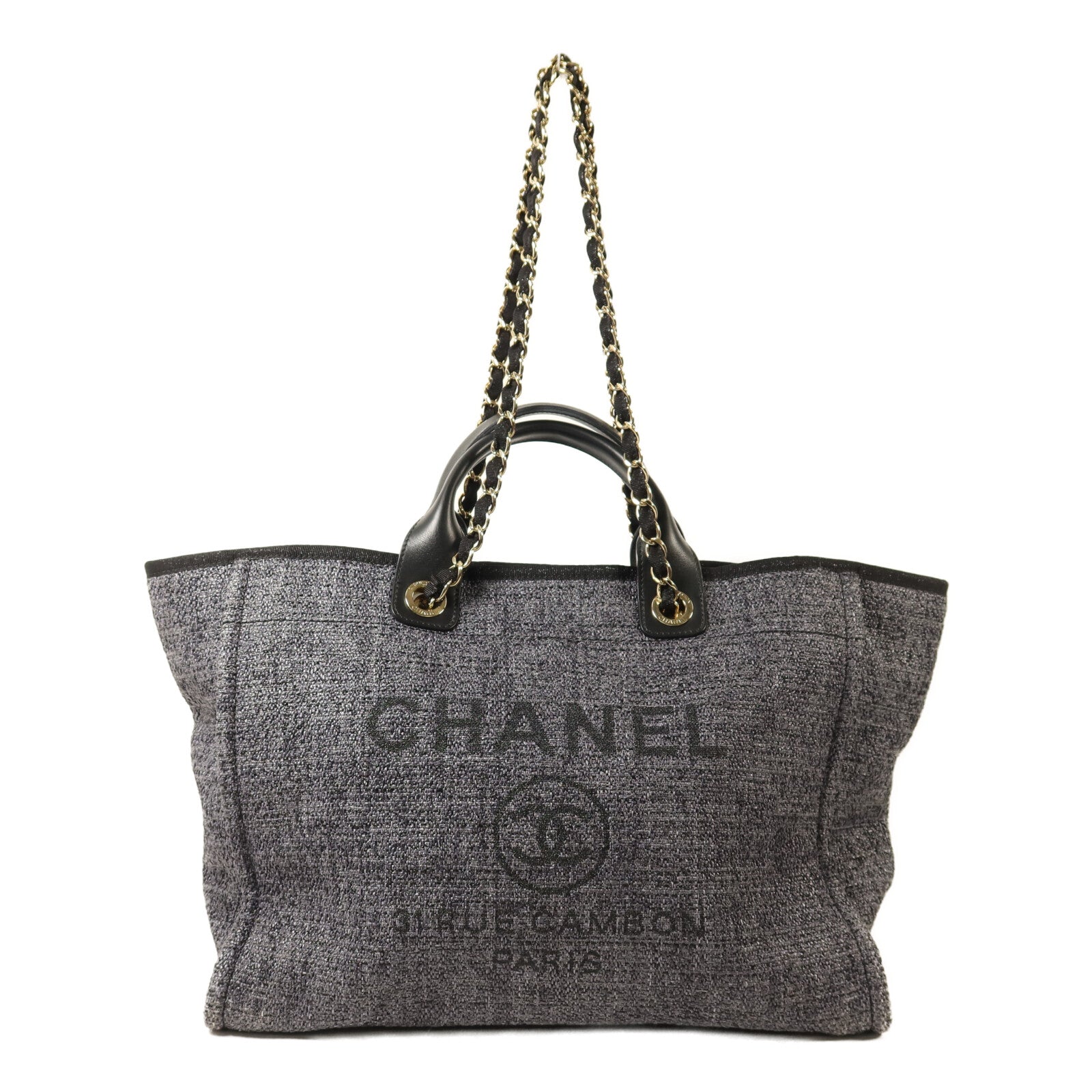 CHANEL 帆布Large Shopping Bag金扣鏈帶手挽肩背兩用袋